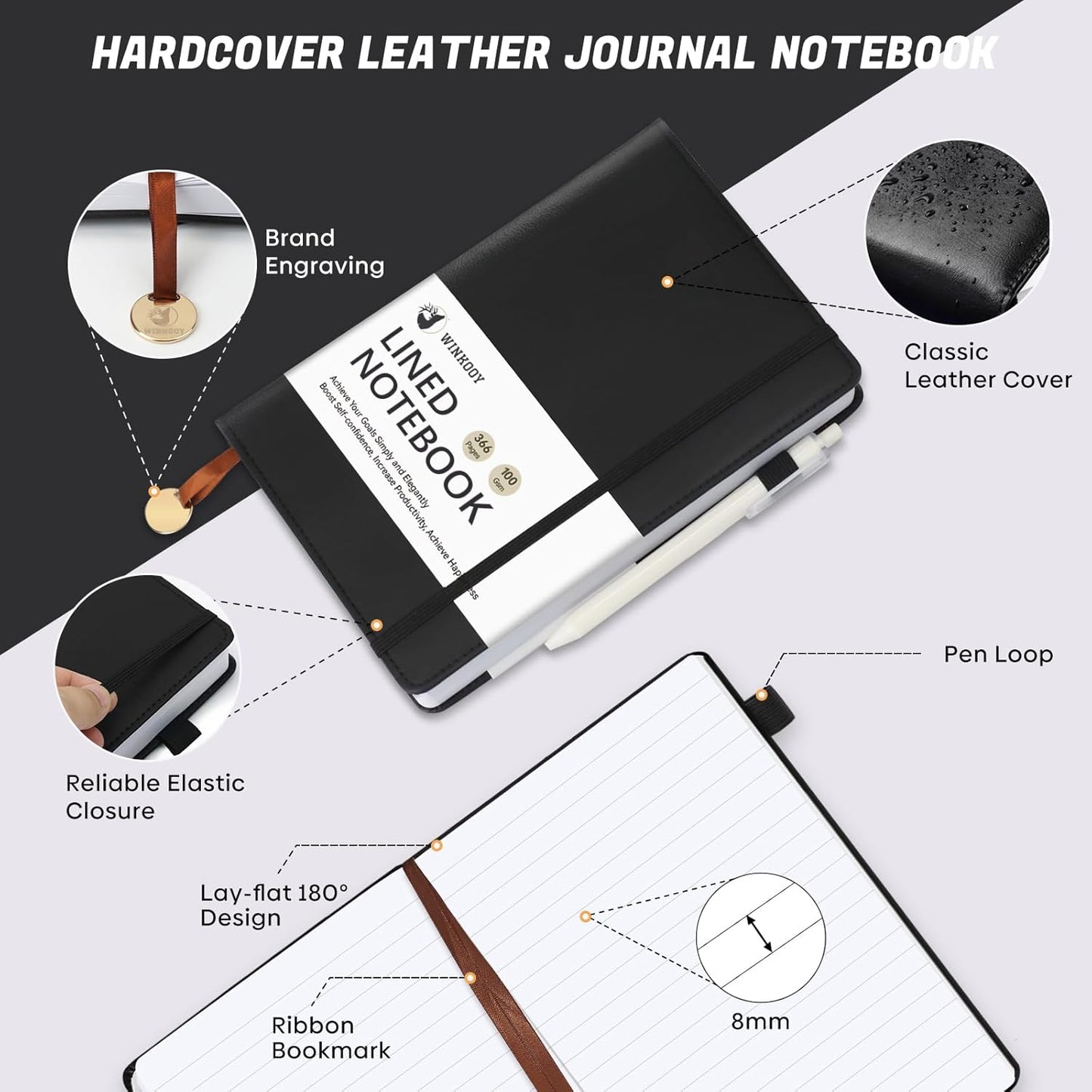 Lined Journal Notebook, 366 Pages, 100Gsm Leather Hardcover Journals for Writing Thick A5 College Ruled Classic Notebook with Pen Loop, Daily Journal for Women Men, 5.75'' X 8.38'', Black