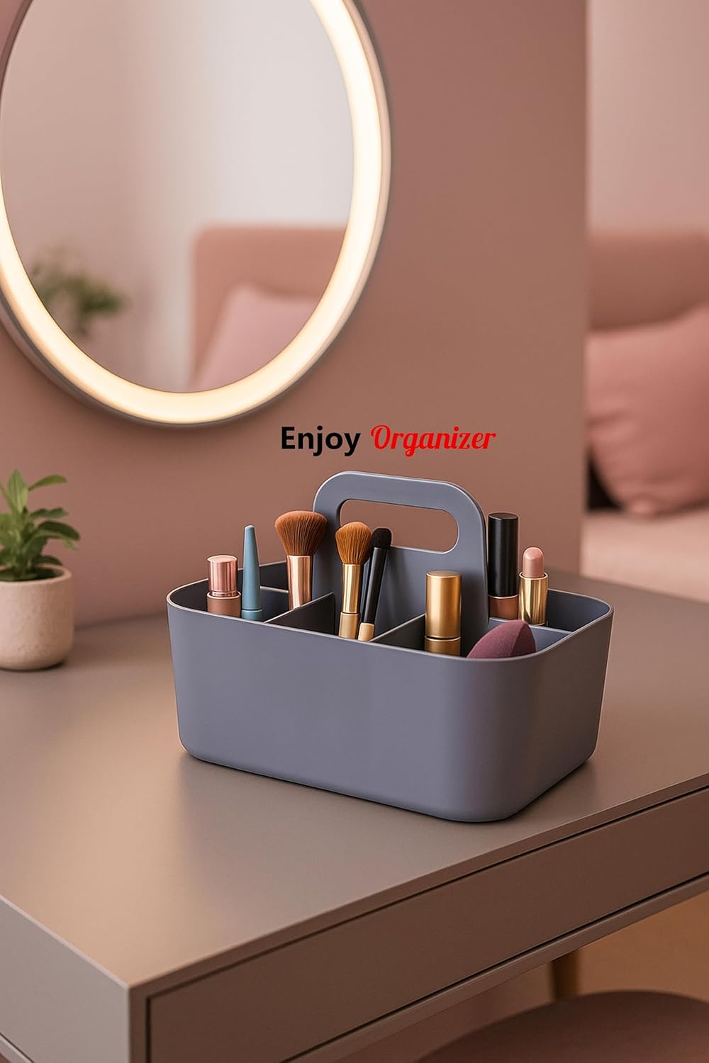 Small Stackable Plastic Caddy with Handle 6 Compartment | Desk, Makeup, Dorm Caddy, Classroom Art Organizers - 4 Pack, Made In USA (Orion Gray)