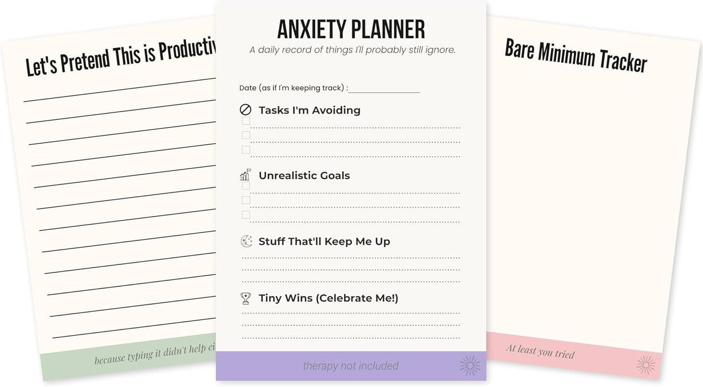 Funny Notepad Gift Set – 3 Pack of Anxiety Planner, Productivity Pad & Bare Minimum Tracker – Sarcastic Gag Gift for Coworkers, Office Supplies, Burnout Humor, 50 Sheets Each
