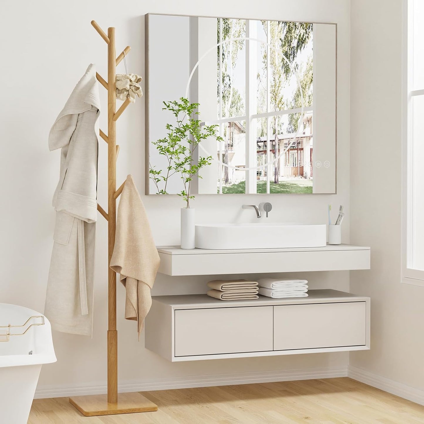 Coat Rack Freestanding with Stable Square Base for Cloathes, Hat, Used in Bedroom, Office and Entryway, Sturdy and Easy Assembly Coat Tree with 3 Adjustable Sizes and 8 Hooks, Natural