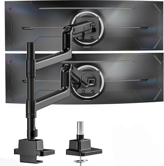 monTEK Dual Monitor Arm for up to 57" and 59.4 lbs Ultrawide Screen, Aluminum Heavy-Duty Gas Spring Vertical Stackable Curved Screen Adjustable Monitor Stand, 75/100mm Vesa Mount, Black