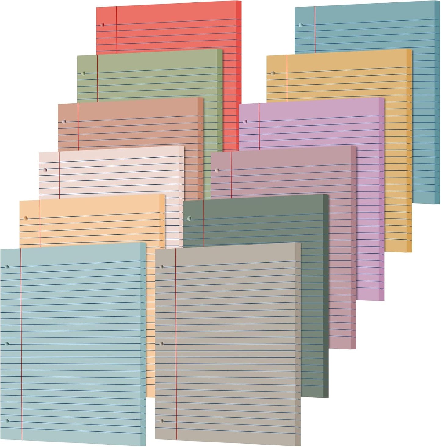 PerKoop 12 Pack 600 Sheets Colored Lined Paper Bulk Wide Ruled 8 x 10.5 Inches, Pastel Loose Leaf Notebook Paper 3 Hole Punched Filler for Back School Classroom Supplies(Retro Color)