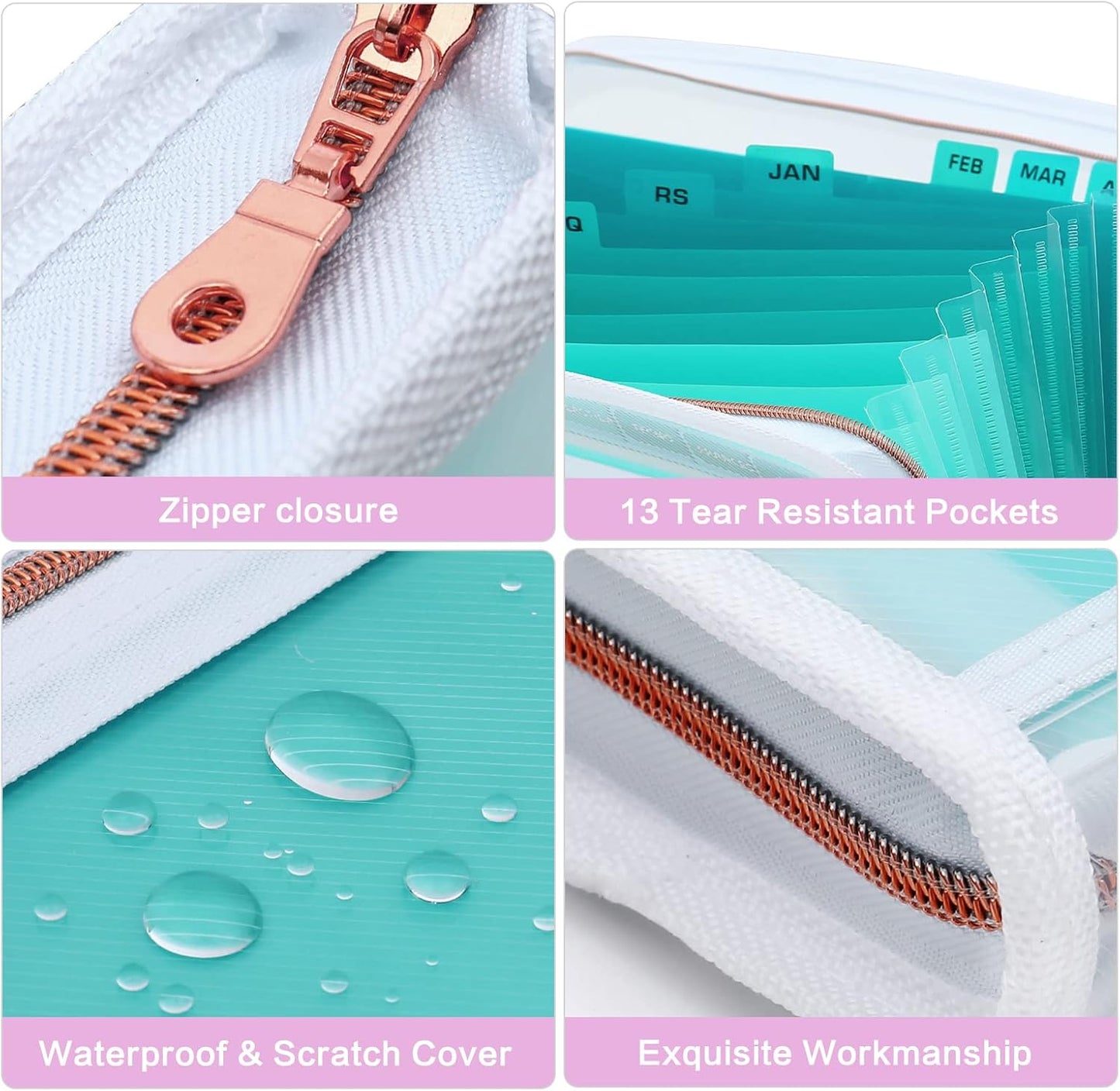 MEGREZ Expanding File Folder with 13 Pockets, A4 Paper File Folder with Zipper Color Labels, Waterproof Accordion File Folder Organizer for Home Office, Green-Clear