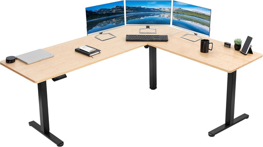 VIVO Electric Corner L-Shaped 75 x 63 in Real Bamboo Standing Desk, Memory Height Adjustment, Black Frame, DESK-E3CTBO-75
