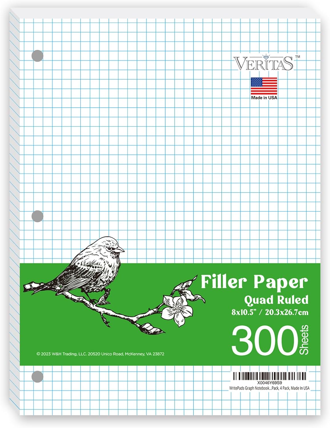 Graph Paper Loose Leaf Paper, Standard 8"x10-1/2" 4x4 Quad Ruled Notebook Paper,3 Hole Punched Filler Paper, 3 Ring Binder Paper, 300 Sheets Grid Paper, Made In USA