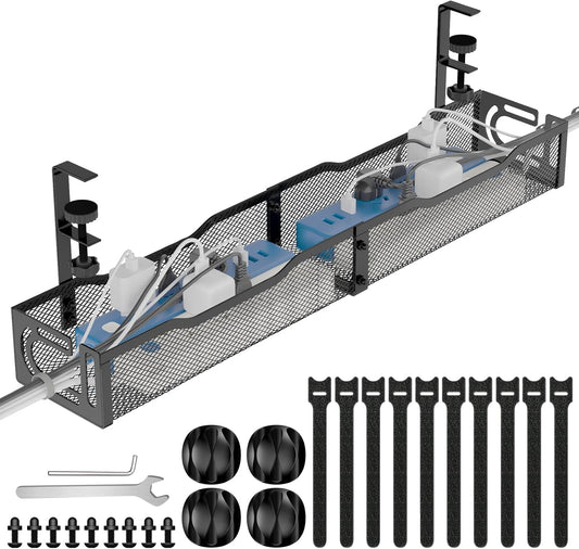 Under Desk Cable Management Tray, No Drill Steel Desk Cable Organizers, Wire Management Tray Cable Management Rack (24.4" Length-Black)