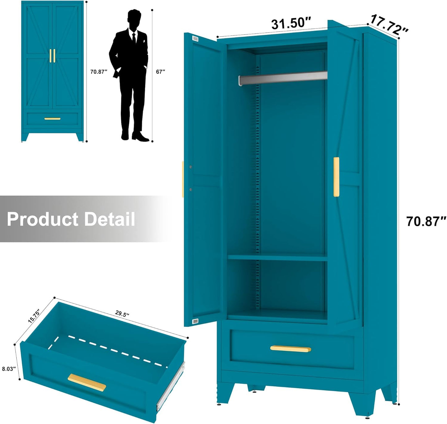 Metal Wardrobe Cabinet,71 Armoire Wardrobe Closet with Drawers and Hanging Rod,Metal Armoire with Adjustable Shelves for Closet,Bedroom,Farmhouse Storage Cabinet with Drawer(Blue)