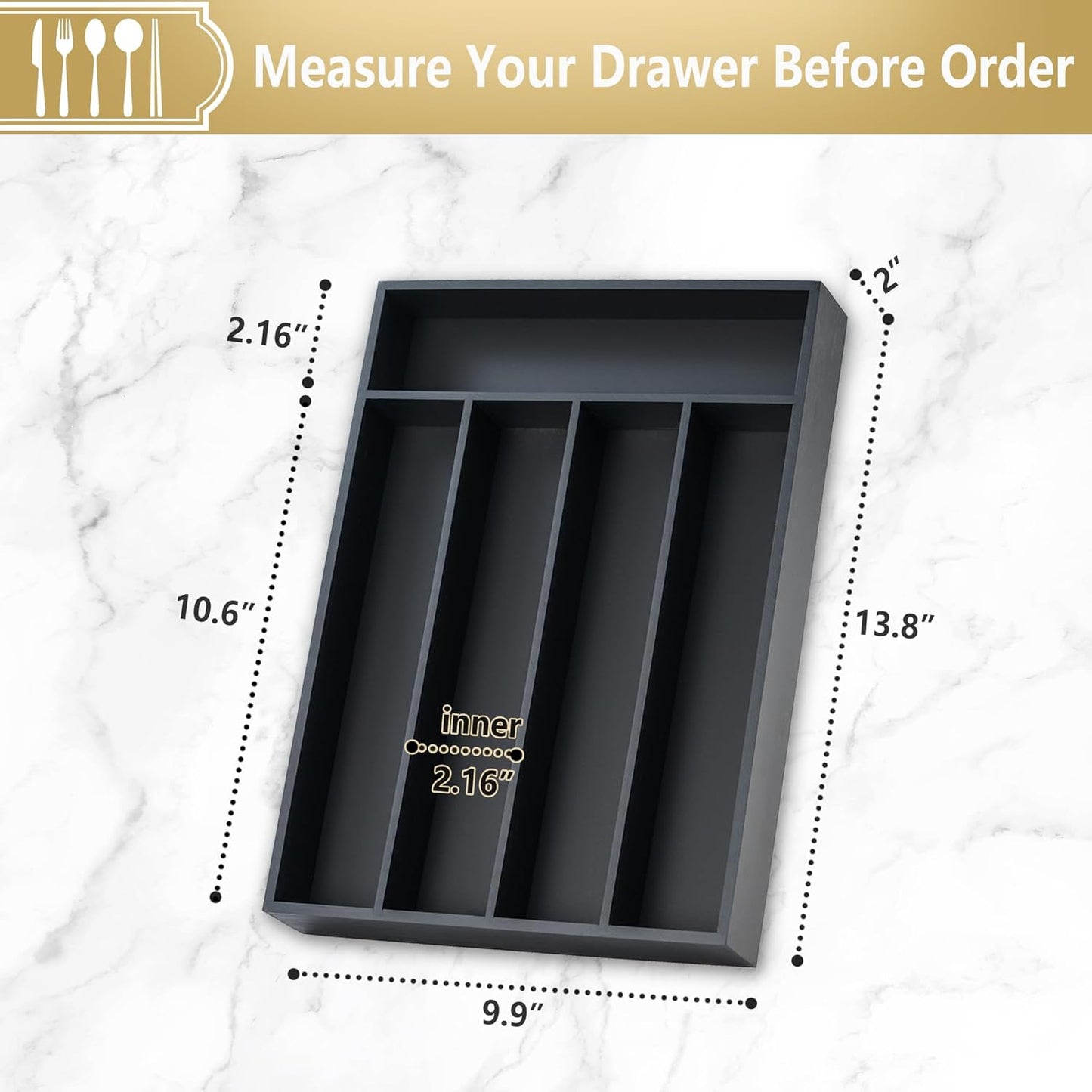 Silverware Organizer, 2 Pack 10 Inch Utensil Organizer Kitchen Drawer Organizer Bamboo Silverware Holder Cutlery Tray Organizer in Drawer Flatware Organizer Tray(5 slots, Black）