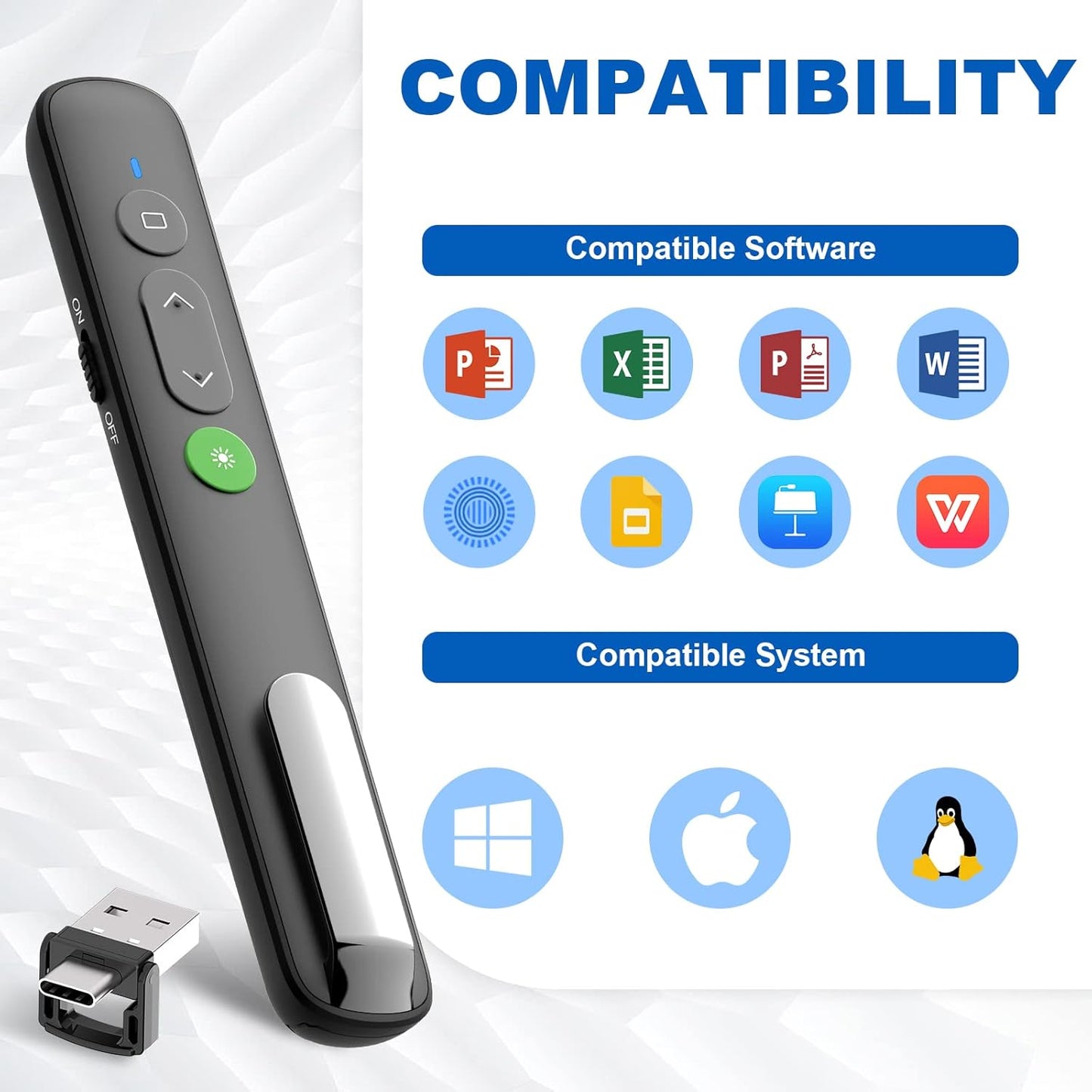 Presentation Clicker PowerPoint Wireless Presenter Remote: Rechargeable Green Laser Pointer Clickers USB A Type C Computer Mac Power Point PPT Slideshow Google Slide Advancer