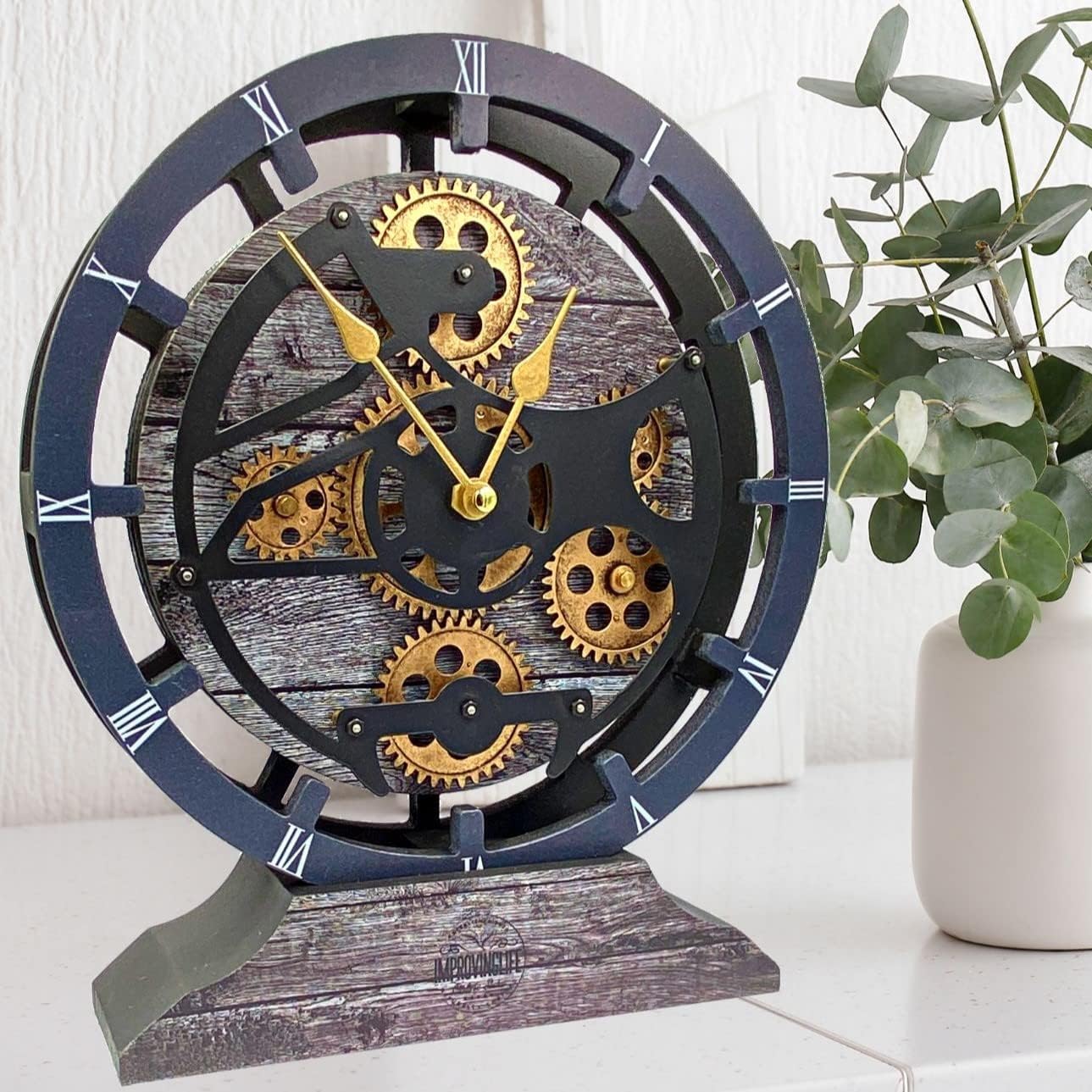 The Gears Clock Desk Clock 10 inches with Real Moving Gears Convertible into Wall Clock (Carbon Grey)