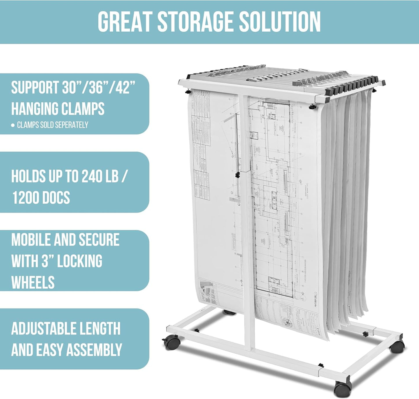 Adir Mobile Blueprint Holder - Adjustable Blue Print Storage Organizer and Construction Plan Holder – Plans Rack for Jobsite and Office (Without Blueprint Clamps)