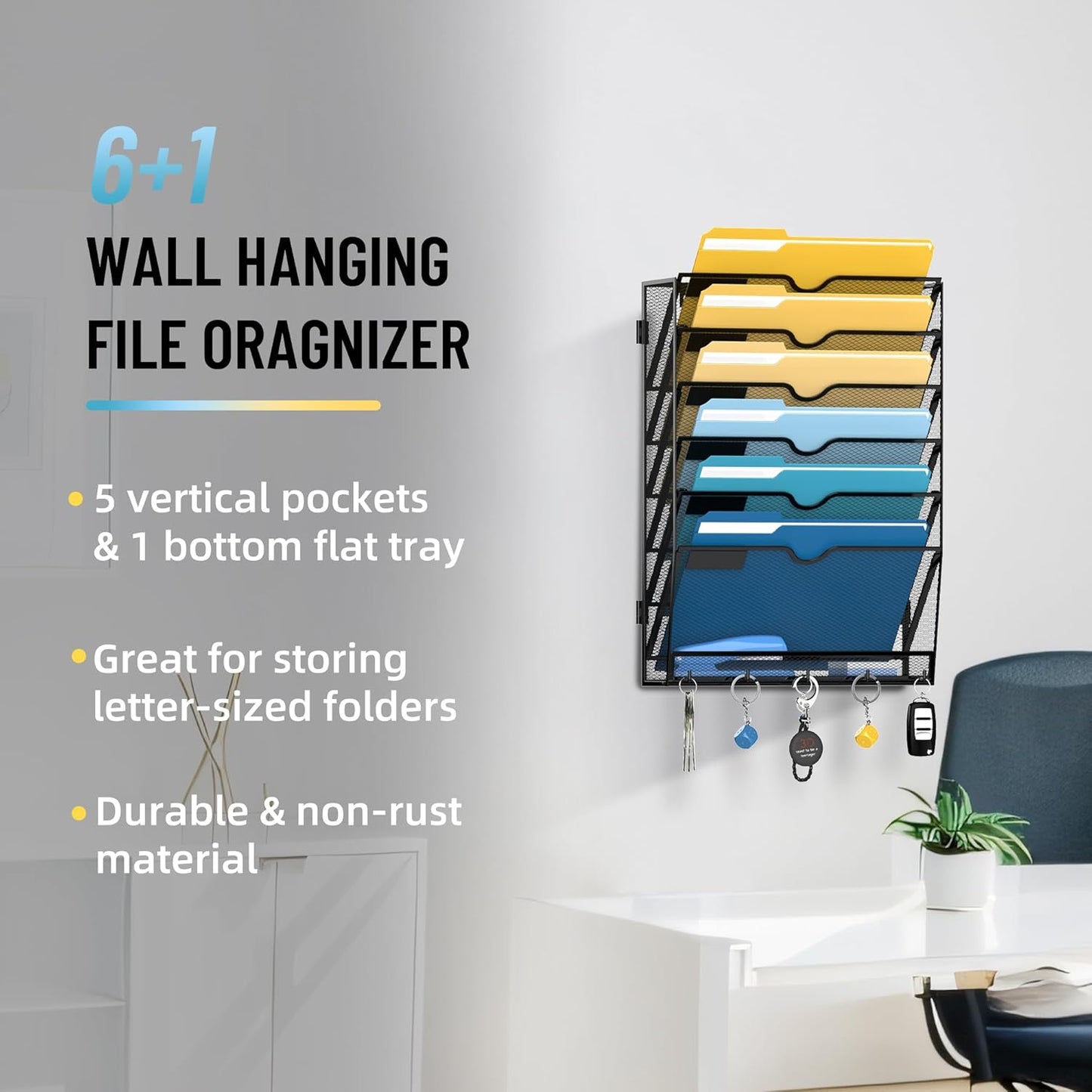 SUPEASY 7-Tier Wall File Holder Organizer with Hooks, Mesh Hanging File Organizer, Mail Organizer Wall Mounted for Papers, Folders, Office Magazine Rack, Assembly Needed, Black