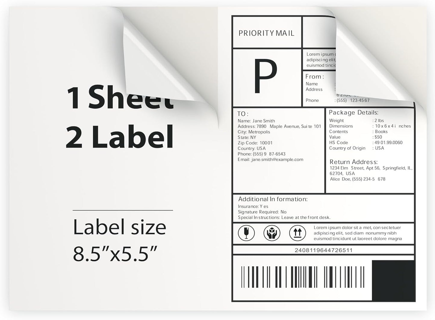 1000 Sheet (2000 Labels) | 8.5" x 11" Half Sheet Self Adhesive Shipping Labels for Laser & Inkjet Printers | Ecommerce, Address, Mailing, Labeling, Packaging