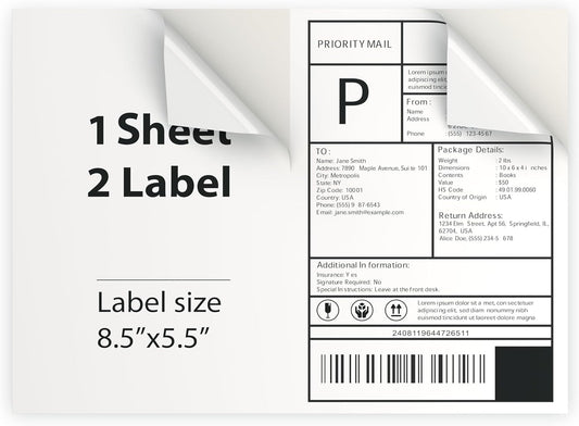 500 Sheet (1000 Labels) | 8.5" x 11" 2 UP Half Sheet Self Adhesive Shipping Labels for Laser & Inkjet Printers | Ecommerce, Address, Mailing, Labeling, Packaging