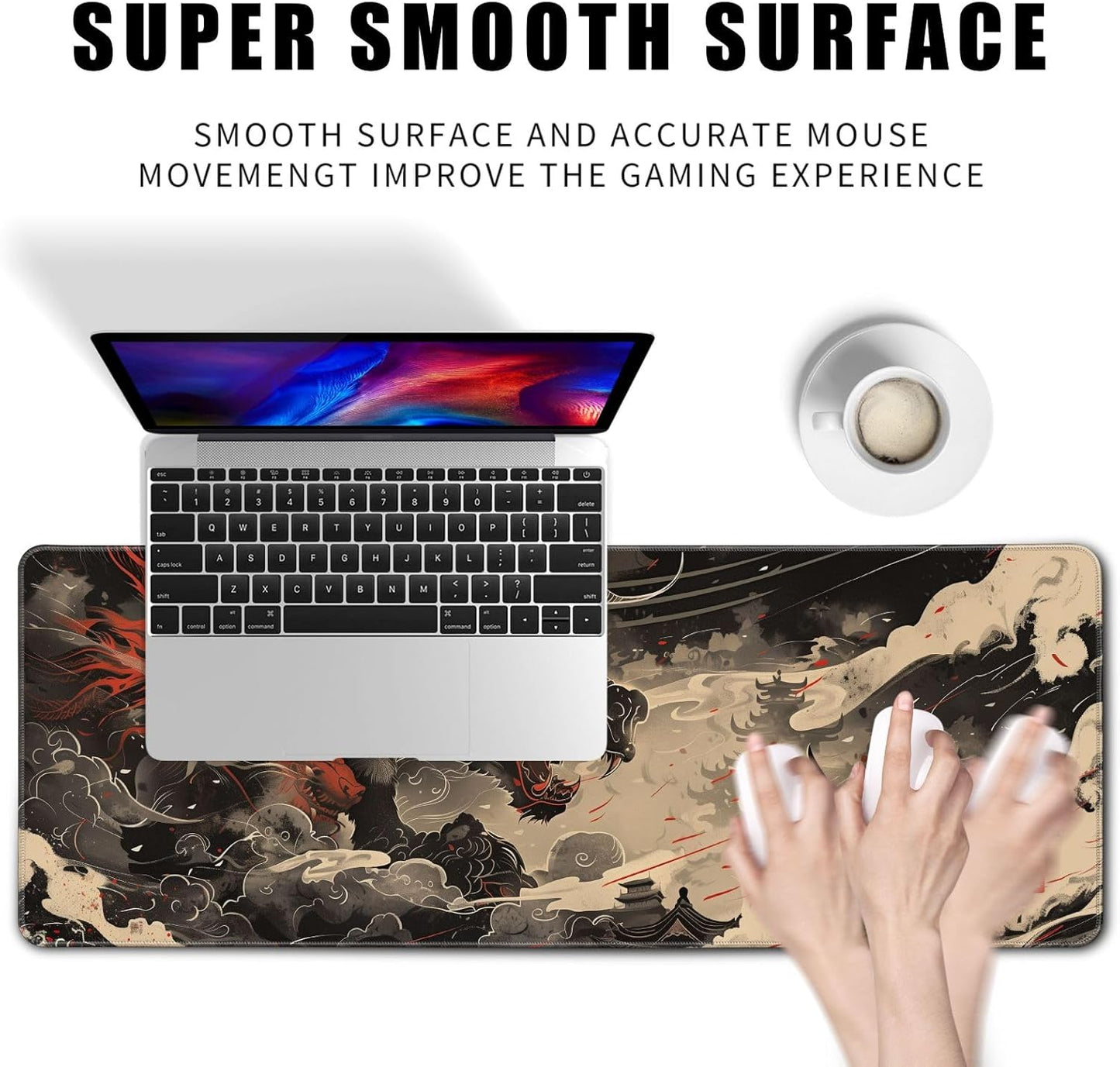 Huge Demon Large Mouse Pad Japanese Ukiyo-e Mousepad Samurai Desk Mat, Big Full Keyboard and Mouse Pad Cool Desk Pad for Keyboard Mouse with Stitched Edges Anti-Slip Funny Desk Pad, 31.5 X 11.8