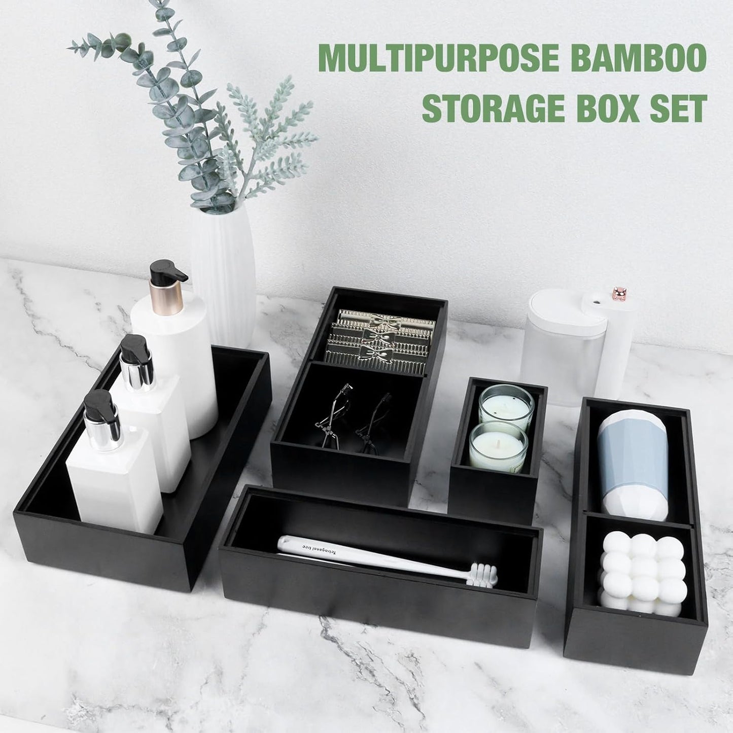 Bamboo Drawer Organizer, 5-Piece Silverware & Kitchen Organizer Set with Removable Dividers for Kitchen, Utensils, Bathroom, Office, Makeup (Black)