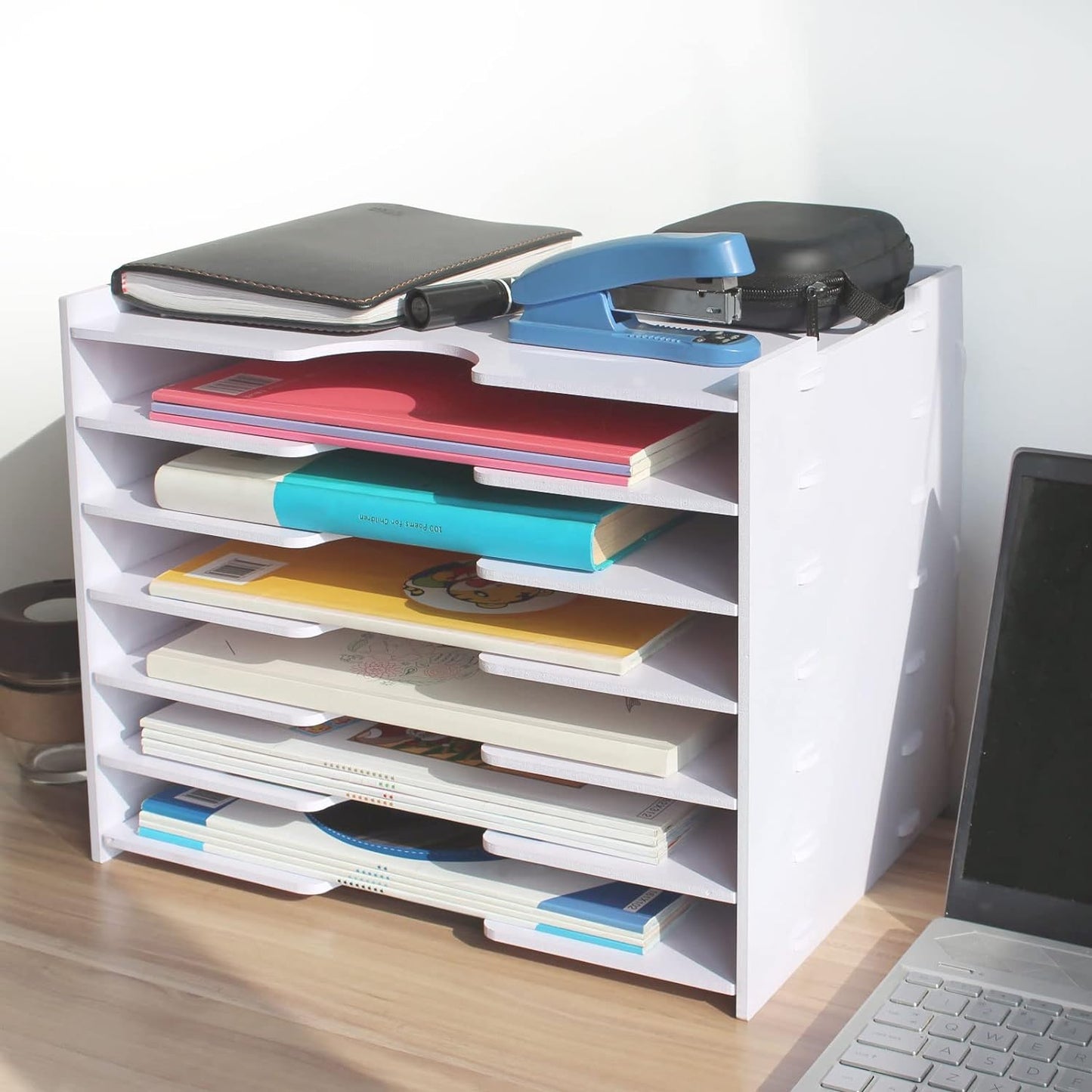 SONGWAY File Organizer for Desk - 7 Tier Wide Document Holder, Letter Mail Tray Storage Rack, A4 Paper Storage Holder, Desktop Organizer for Home Office School, White