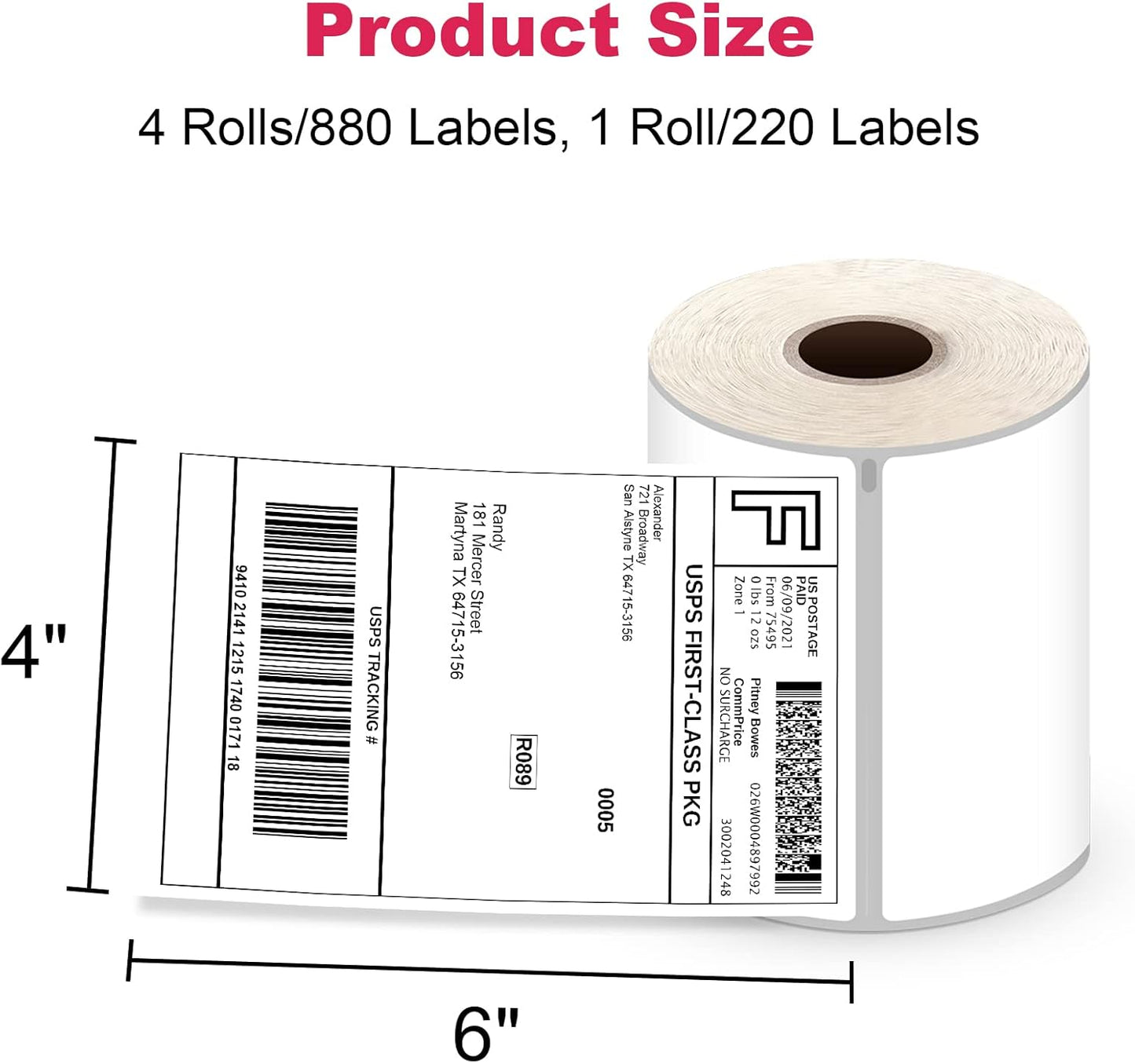 4" x 6" Thermal Shipping Labels, 880 Labels (4 Rolls), Compatible with Dymo LabelWriter 4XL, Water & Grease Resistant, BPA Free