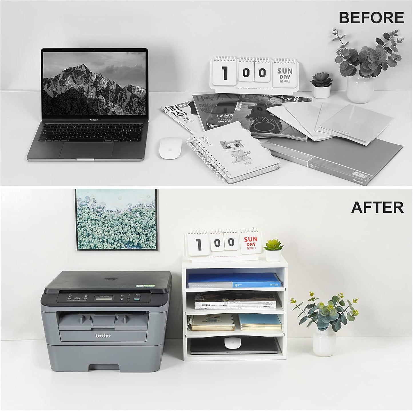 PAG Mail Sorter Organizer, Wood Countertop Literature Organizer, Office Supplies Desktop File Bill Paper Organizer for Office Home School, 4 Compartments, White