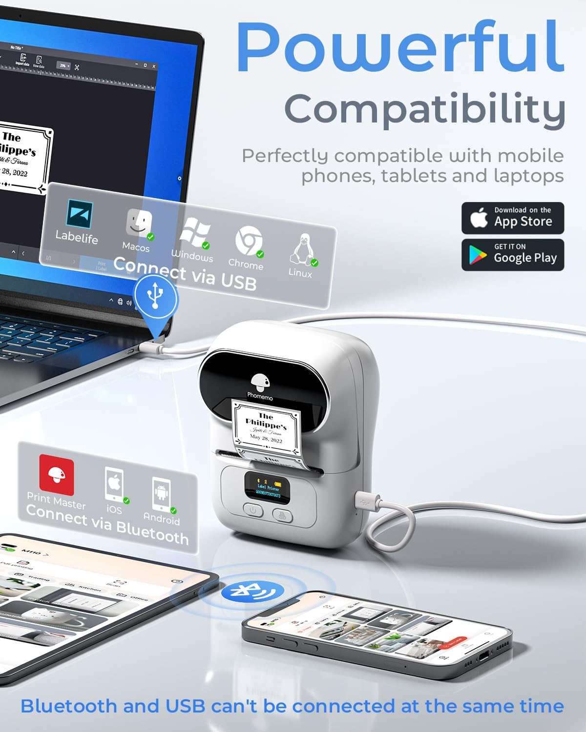 Phomemo Label Printer - M110 Address Label Maker Bluetooth Thermal Portable Label Maker Machine for Small Business, Barcode, Cable, Retail, Clothing, Barcode Printer Compatible with Phones & PC, White