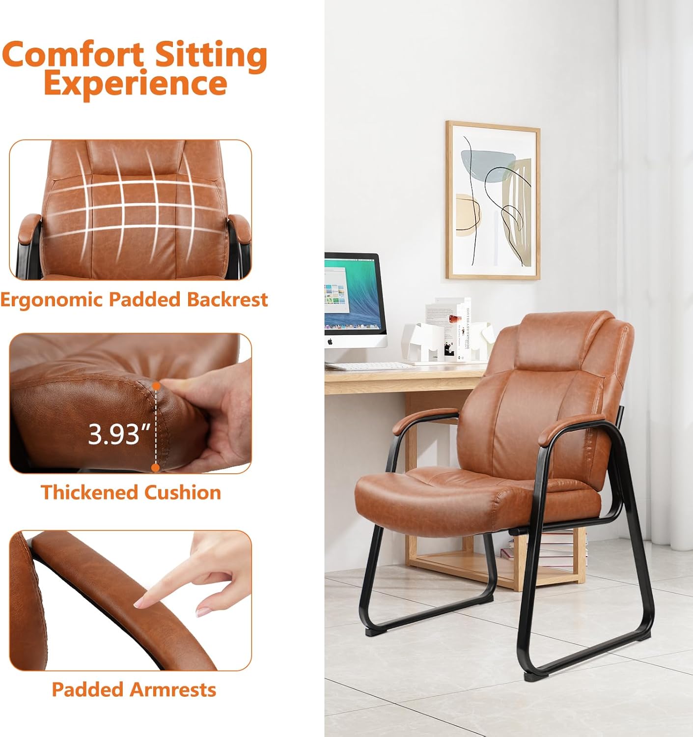 CLATINA Big & Tall 500 lb. Guest Chair, PU Leather Office Reception Chairs with Sled Base, Desk Chair No Wheels for Waiting Room Conference Lobby Computer Living Room, Brown, 4 Pack