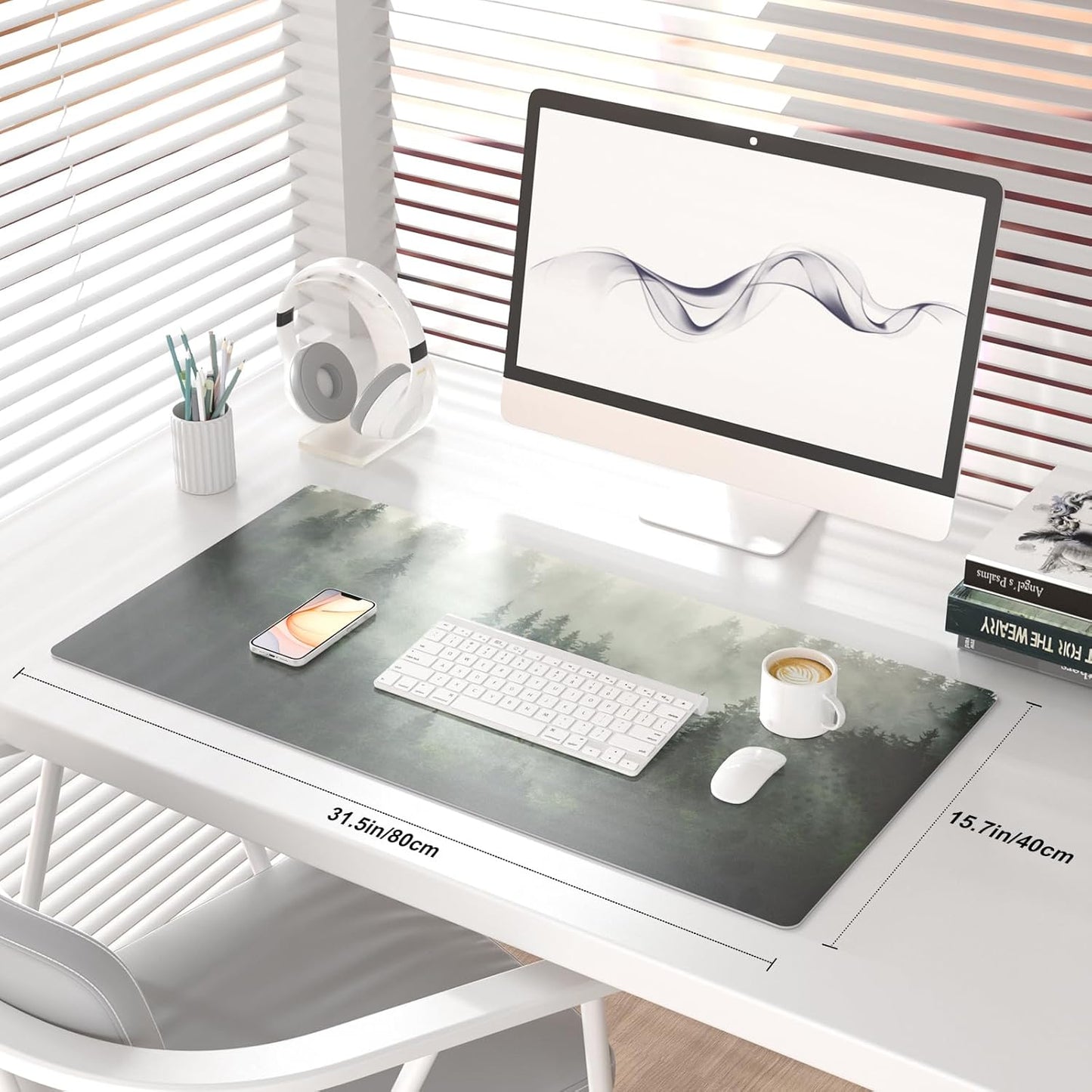 QIYI Large Mouse Pad, Extended Desk Mat for Desktop, PU Leather Waterproof Gaming Mousepad, Computer Desk Accessories Protector Writing Pads for School Office Home 31.5" x 15.7" - Misty Forest