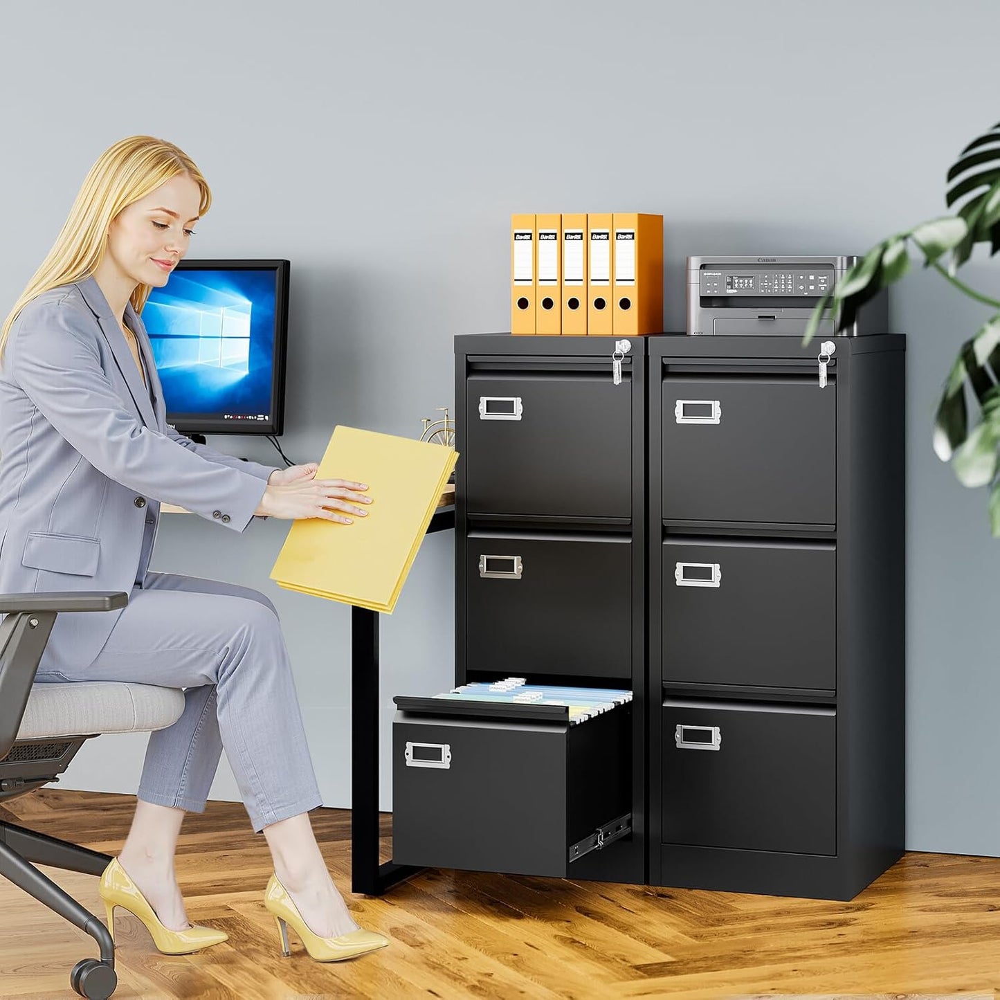 3 Drawer File Cabinet with Lock, Metal Filing Cabinets for Home Office, Vertical Black Locking File Caninet, Steel Narrow Three Drawer File Cabnet for Letter/Legal / A4 / B4- Assembly Required