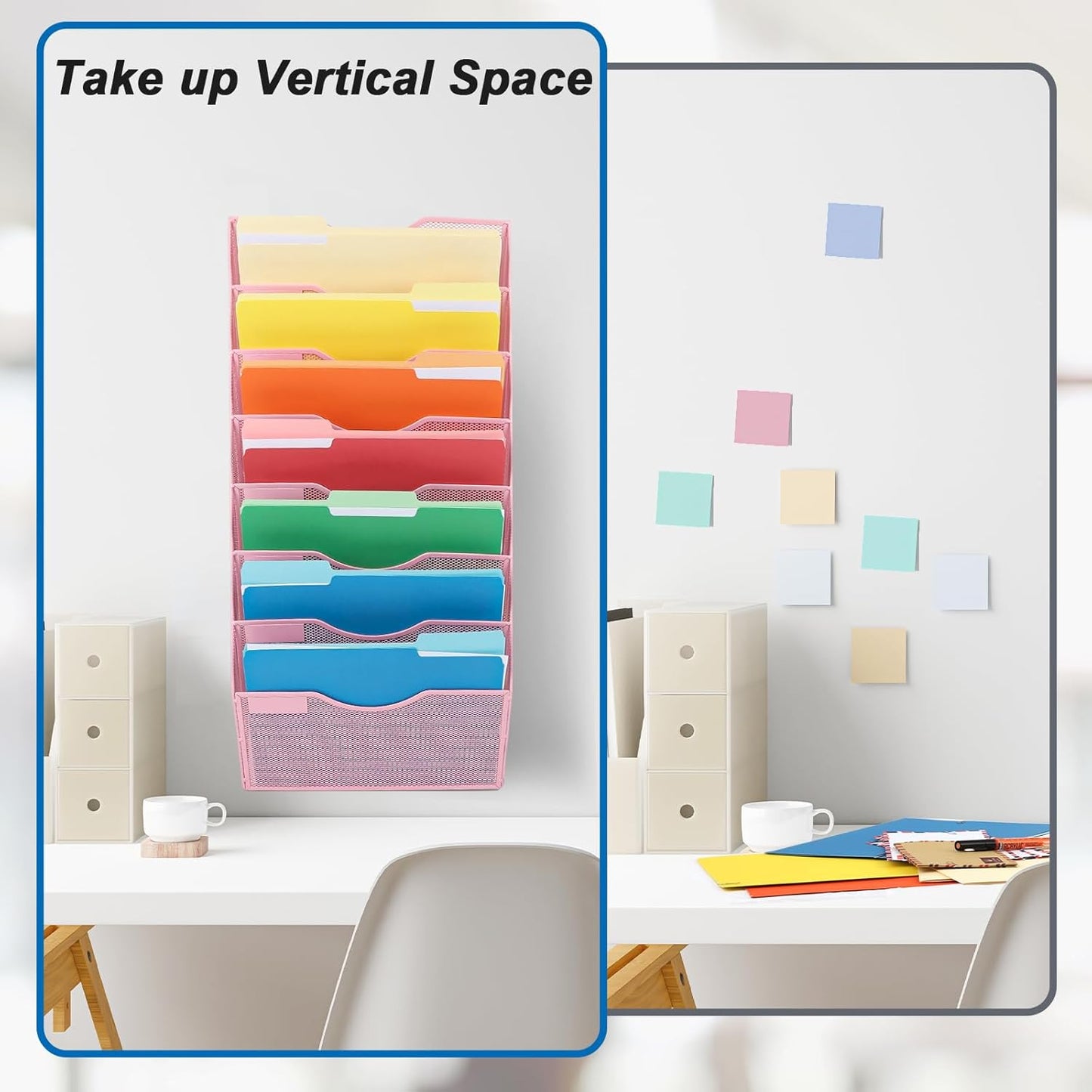 EASEPRES 8 Pocket Mesh Hanging Wall File Organizer, Wall Mounted Mail Paper Document Folder Holder, Clipboard Storage Organization Magazine Rack with Nametag Label for Office Home School, Pink