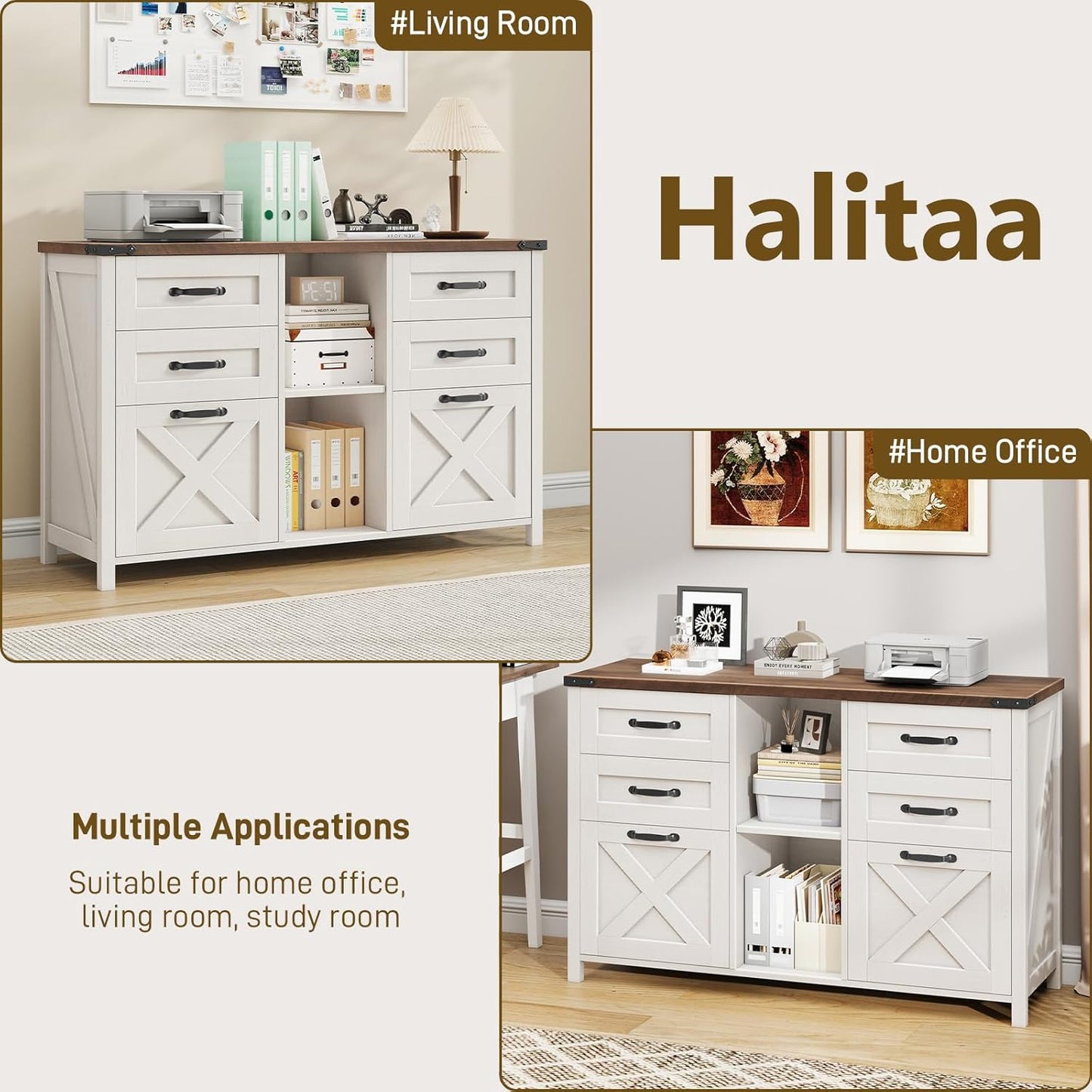 Lateral File Cabinet with 6 Drawers, Farmhouse Filing Cabinet for Letter/A4 Size, Wood File Storage Cabinets Printer Stand with Open Storage Adjustable Shelf for Home Office Cabinets, Rustic White