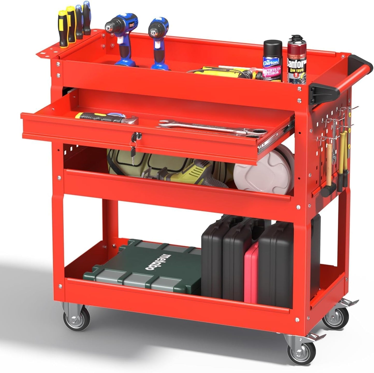 3 Tray Tool Cart with Drawers, 400 LBS Capacity Rolling Tool CartS on Wheels, Heavy Duty Utility Cart with Pegboard, Mechanic Tool Storage Cart for Garage, Warehouse and Repair Shop, Red