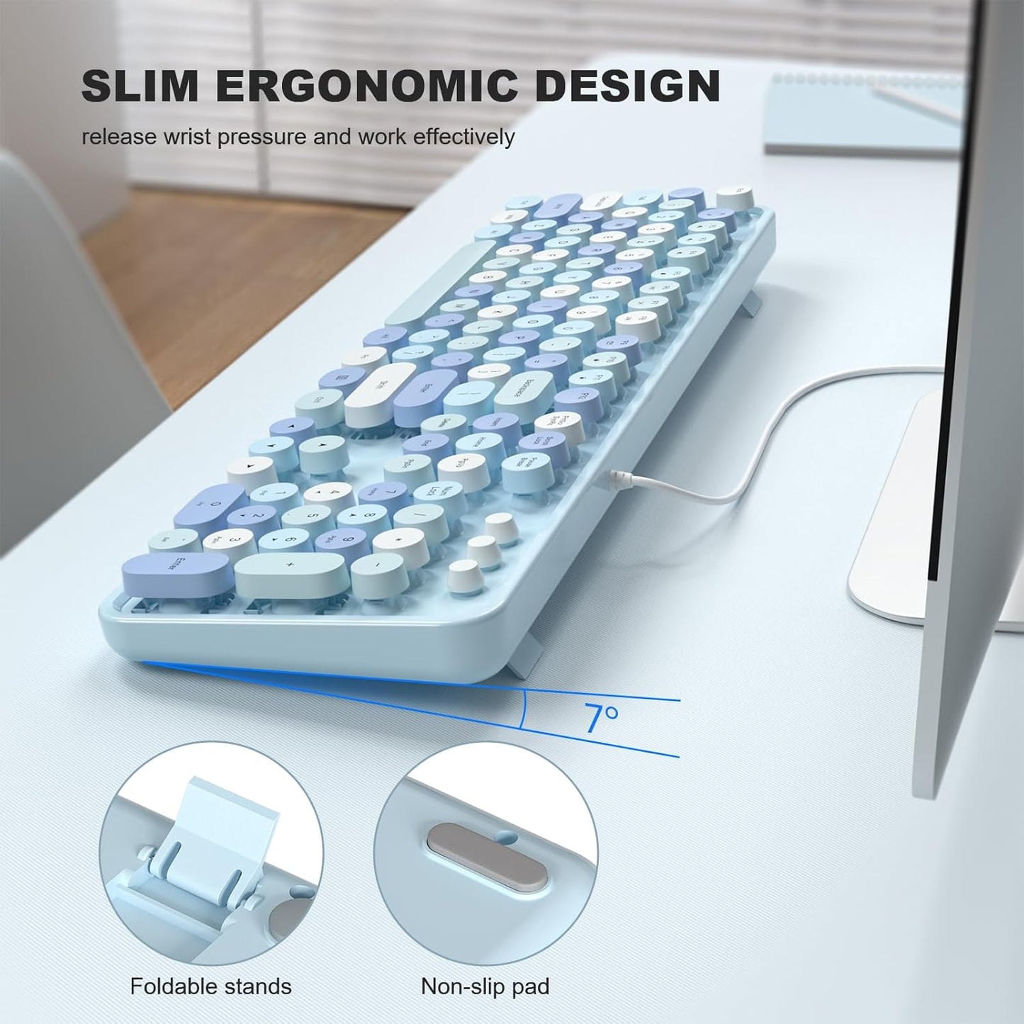 MOFII Computer Keyboards Wired, Plug Play USB Full Size Typewriter Keyboard, Cute Colorful Aesthetic Keyboard with Foldable Stands for Windows PC Laptop (Blue Colorful)