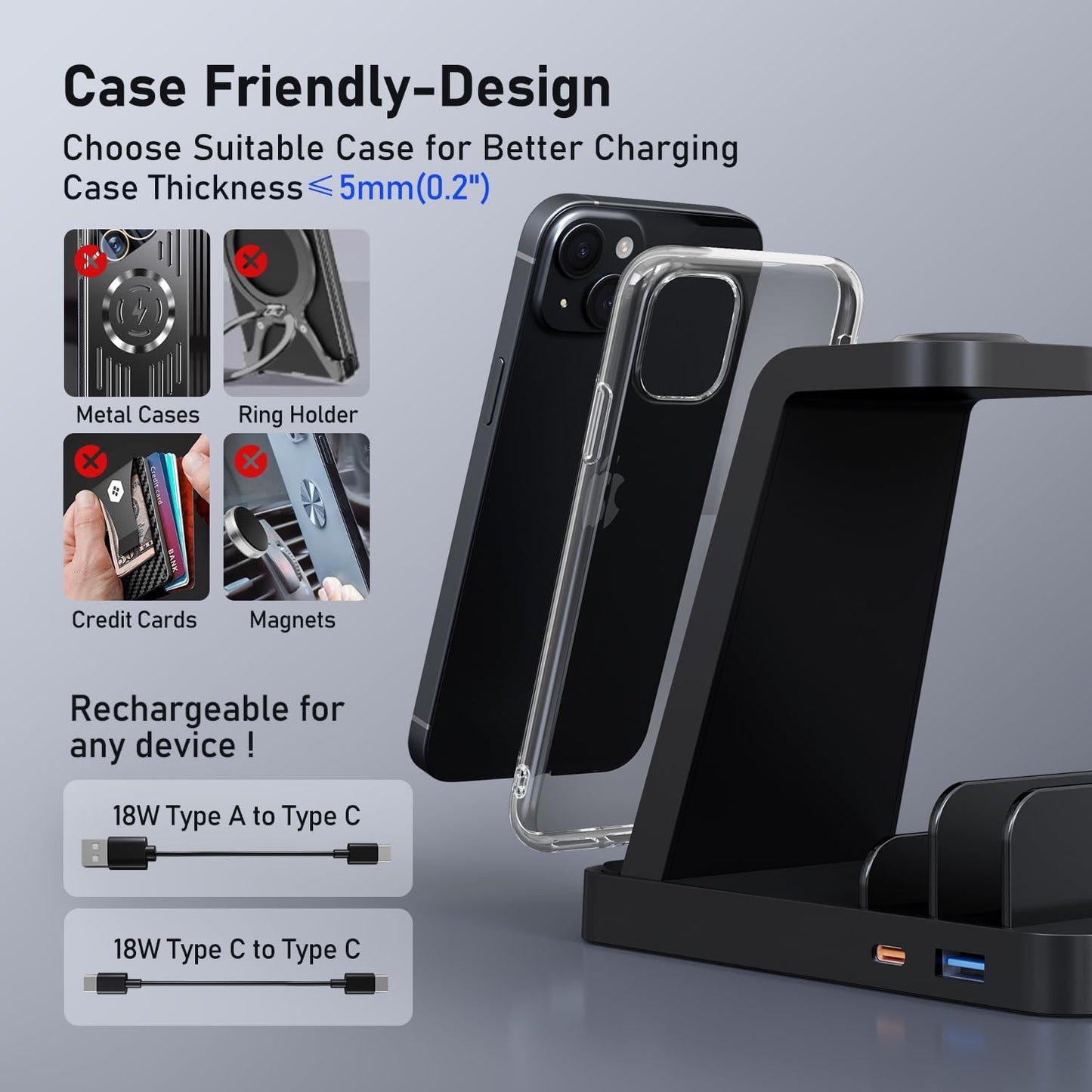 Wireless Charger for Samsung Charging Station, 5 in 1 Wireless Fast Charger for Galaxy S25 Ultra/S24 Ultra/S23/S22, Watch Ultra 7/6/5/4/3, Charger Dock Stand for All Galaxy Tab Series,Black