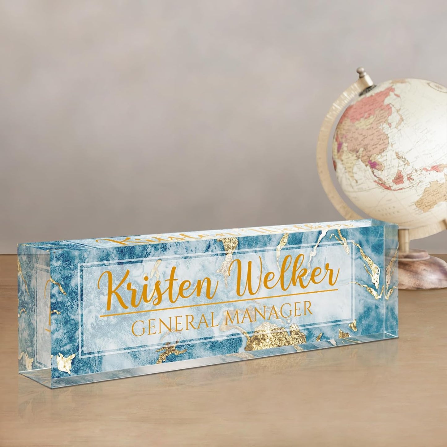 Gowellly Desk Name Plate Personalized - Custom Acrylic Name Plate for Desk - Enterprise Custom Logo/Text nameplates - Employee Appreciation Gifts (Blue Marble)