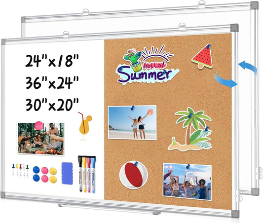 WALGLASS Combination Magnetic Whiteboard & Corkboard, 20"x30" Combo for School, Office & Home, Dry Erase Board with Removable Tray, Pins, Eraser, Markers & Magnets