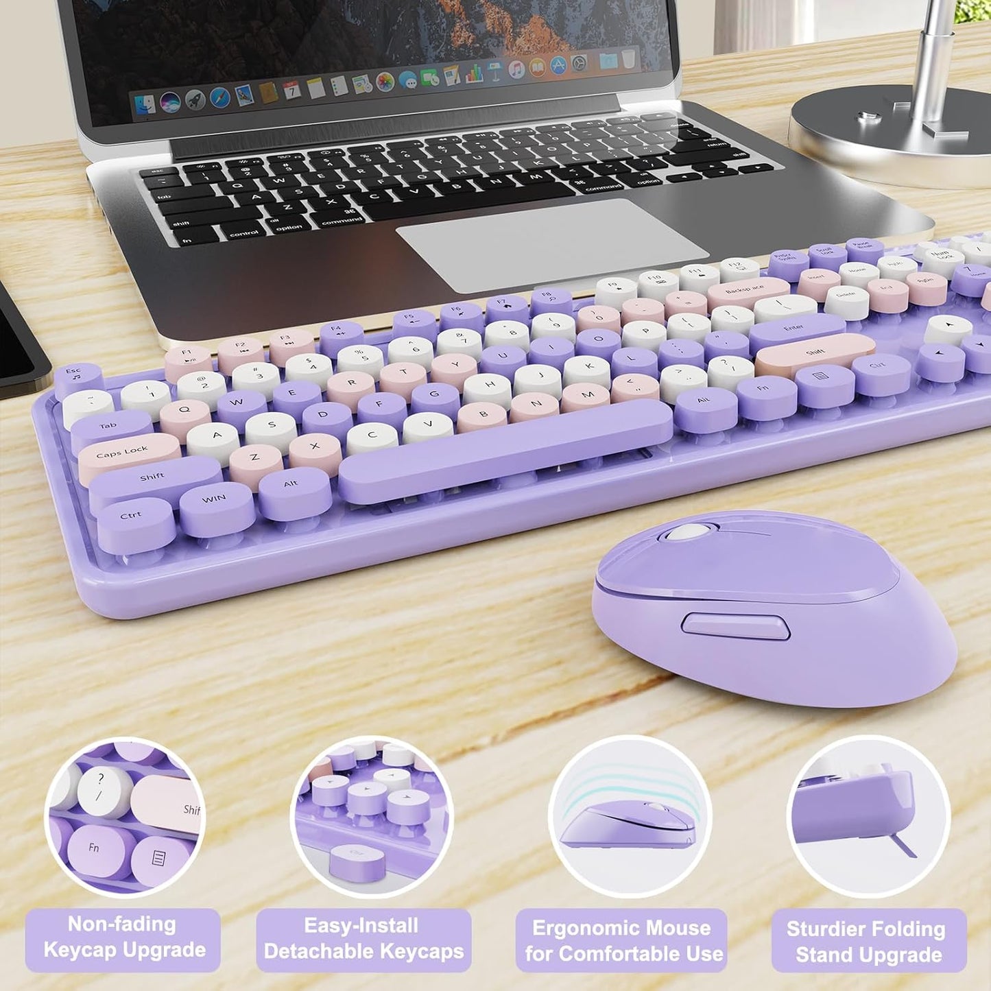 Wireless Keyboard and Mouse Combo, Ergonomic Full Size Typewriter Retro Round Keycaps Keyboard, Compatible with Windows, PC, Perfer for Home and Office Keyboards (Purple
