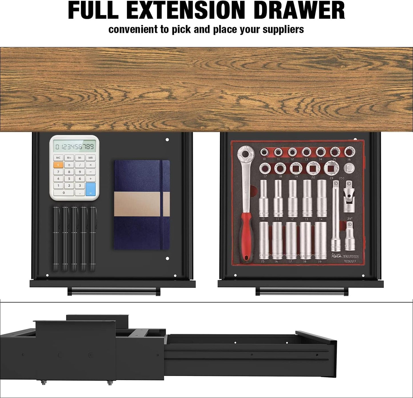 UNITEDPOWER Under Desk Drawer Storage, Pull-Out Office Hidden Counter Drawer, Metal Sliding Organizer Mount Below Table, Optional Bracket Height, Black