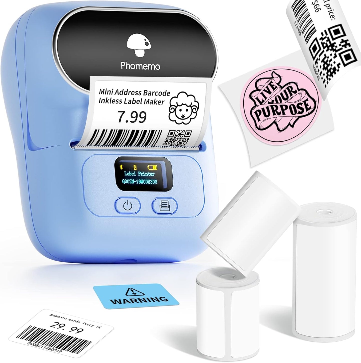 Phomemo Label Maker with 3 Labels- M110 Portable Bluetooth Label Maker Machine for Small Business, Barcode, Address, Logo, Clothing, Jerwery, Compatible with iOS & Android, Blue