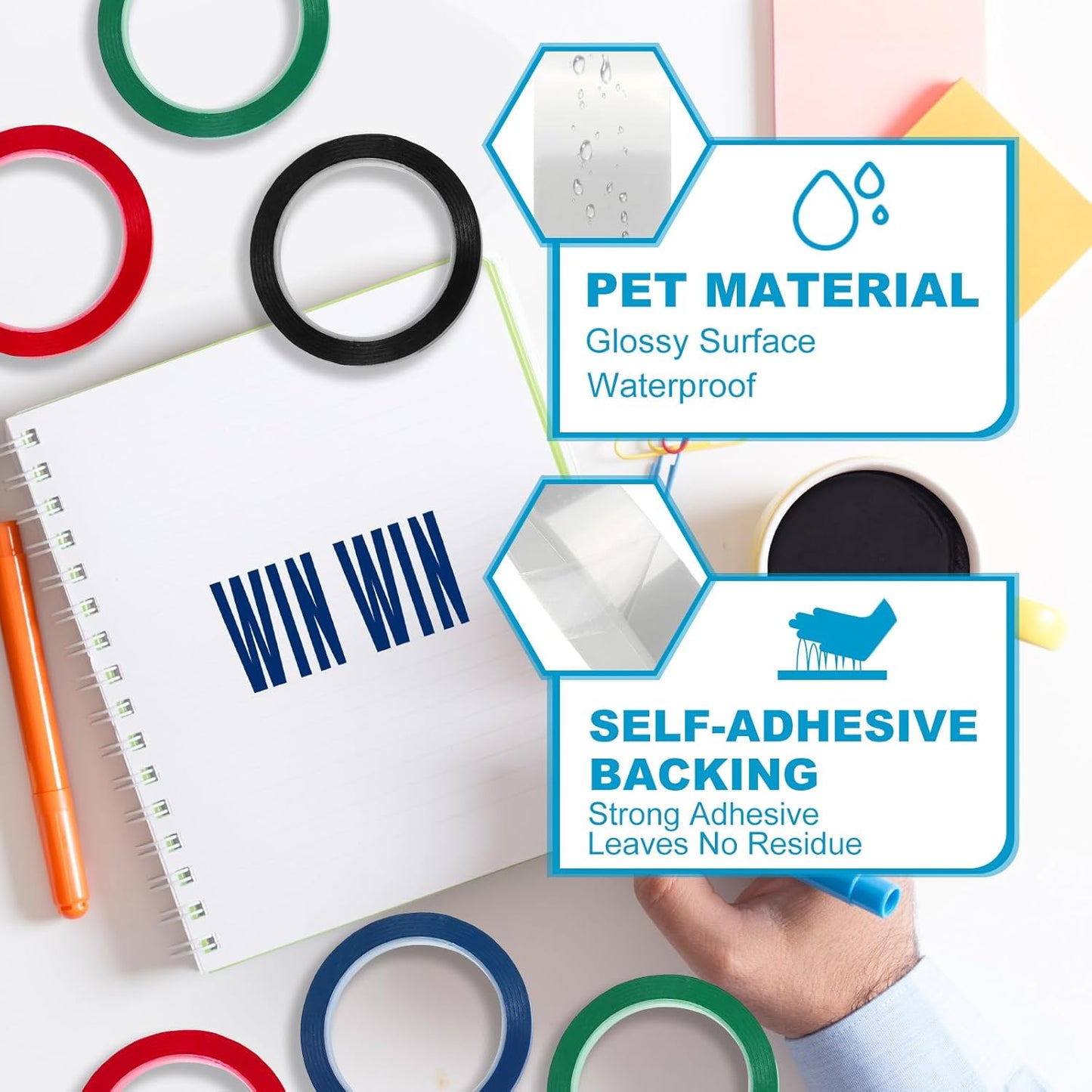 MECCANIXITY Whiteboard Tape 3/8" x 72 Yard Pinstripe Graphic Chart Line Grid Marking Tapes for Classroom Office Dry Erase Board Art, Clear, Pack of 3