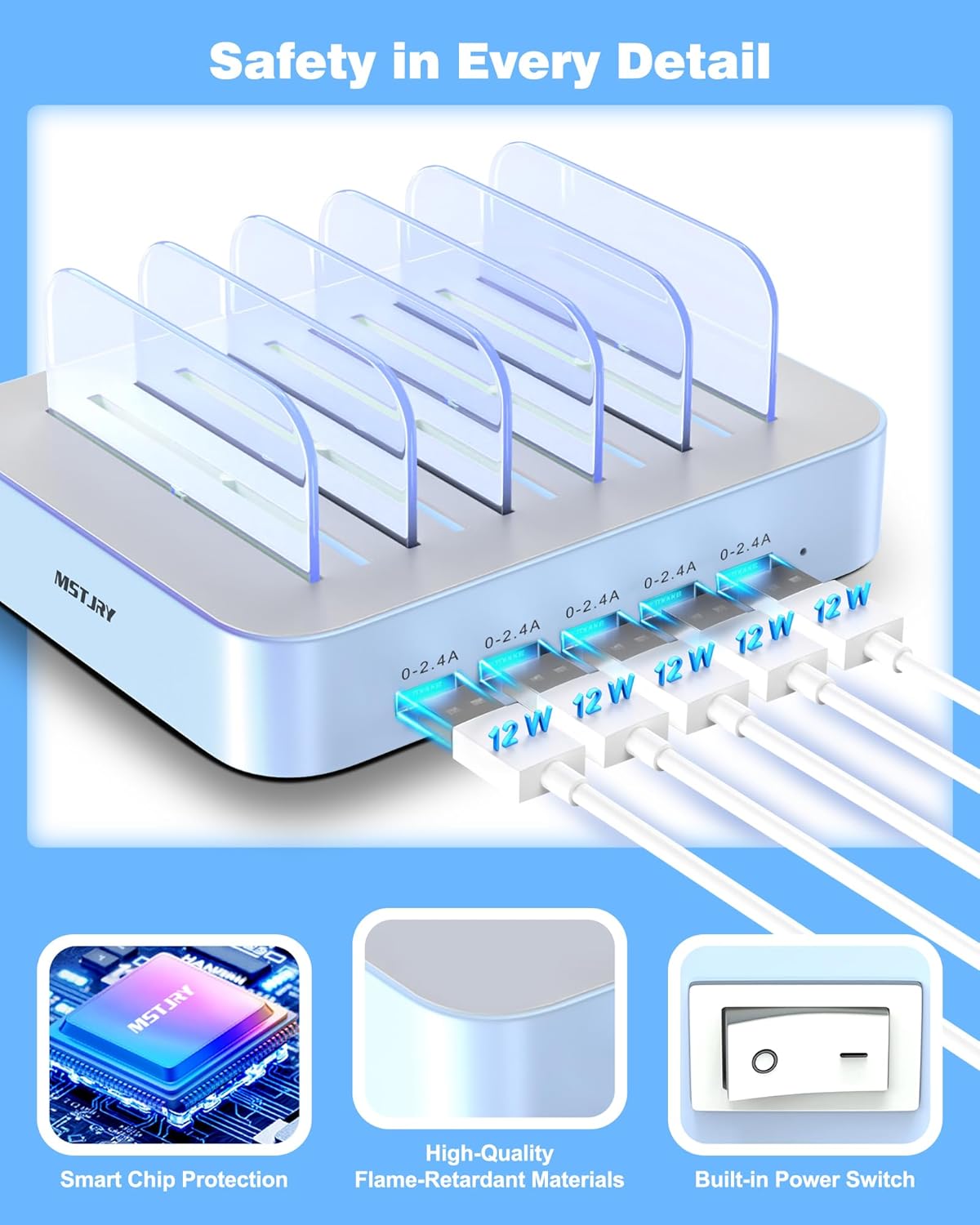 MSTJRY Charging Station for Multiple Devices : 5 Port Multi USB-A Charger Stations Multi-Device Organizer Charging Dock Designed for iPhone iPad Cell Phone Tablets (7 Short Cables Included), Blue