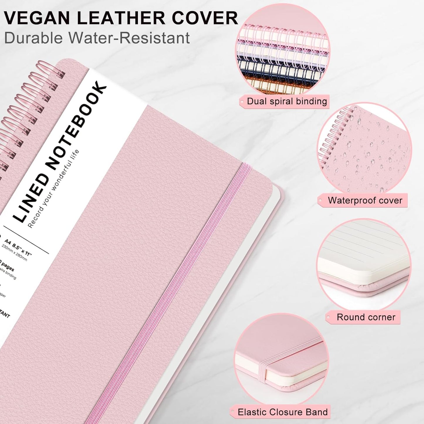 Lined Spiral Journal Notebook, A4 Hardcover Leather Notebook for Work, 8.5''×11'', 100GSM Thick Paper Spiral Bound Journaling Notebooks for Women & Men Office School Note Taking Business, Pink