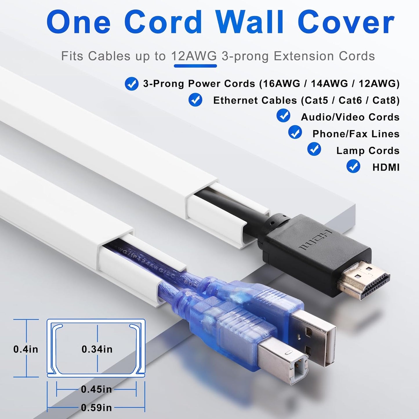 Cord Hider Wall for One Cord, 136in Cord Covers for Wires on Wall, Easy Install Cable Cover Wall, Cable Raceway White Hide Cords, Cable Hider Cord Management Wall, 8X L17in W0.6in H0.4in