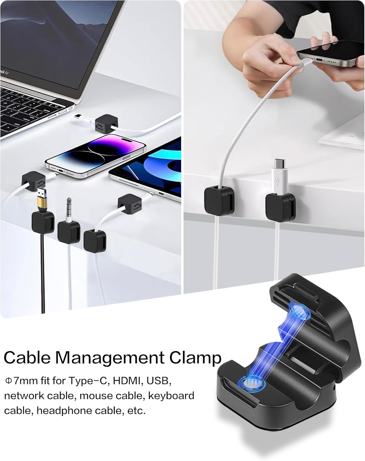 10 Pack Desk Cable Strong Adhesive Management Clips，Organize Phone Charging Magnetic Cable Wire Holder, Easy to Open, for Desk, Wall, Office, Car,Nightstand(Black)