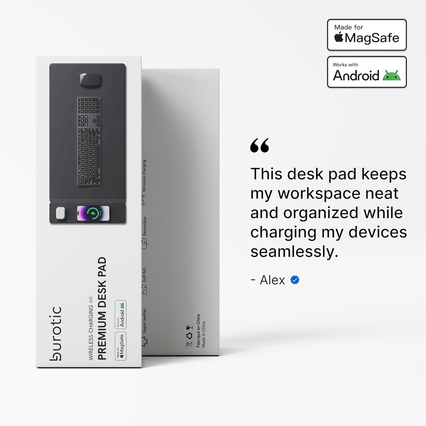 Wireless Charging Desk Pad, Large Non-Slip Reversible Felt & Vegan PU Leather Desk Mat, Waterproof, Detachable Magnetic Panel - Organize, Charge 2 Devices, Apple & Android Compatible - Black