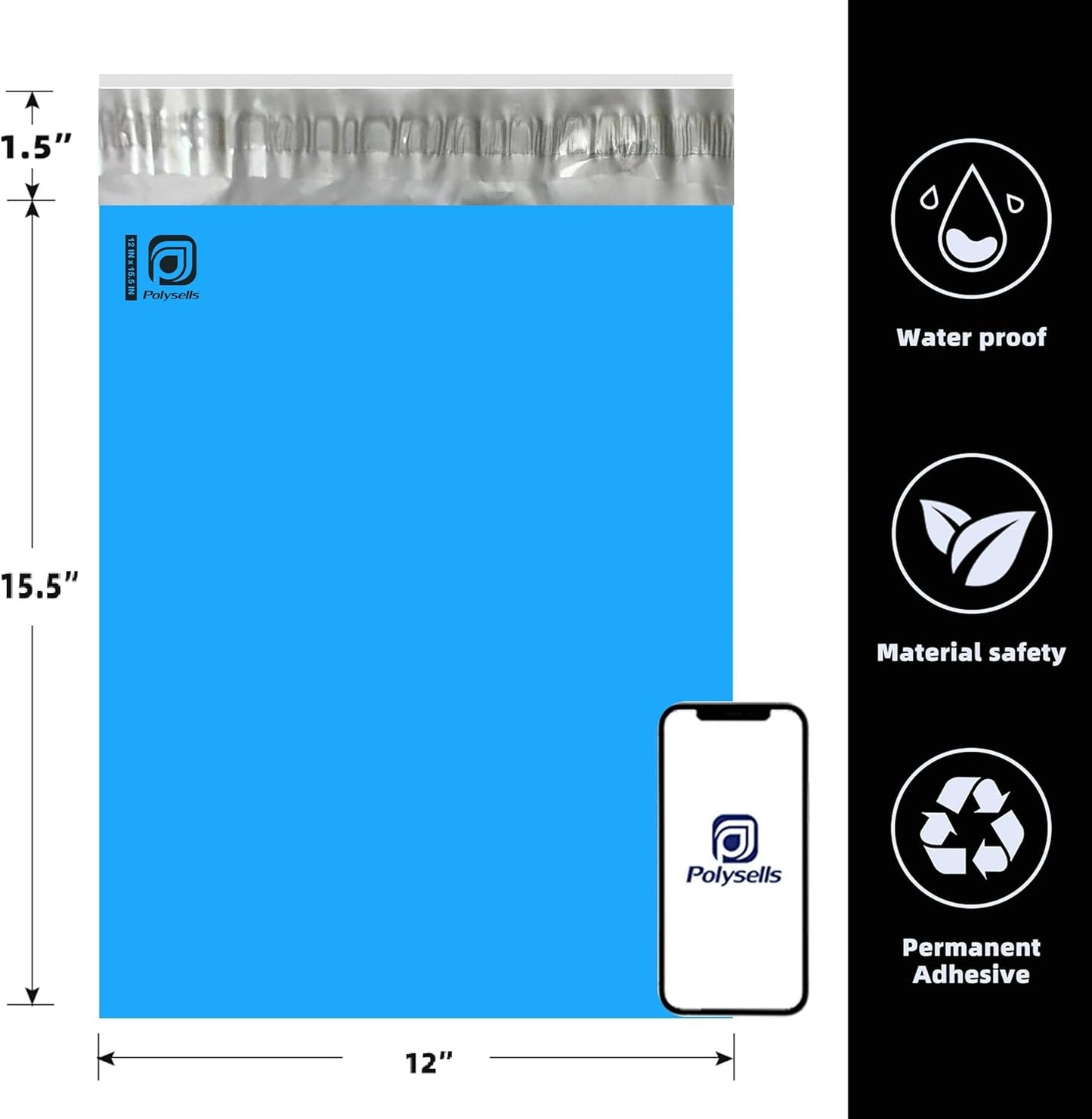 POLYSELLS 1000 pcs 12x15.5 Inches Blue Poly Mailers Shipping Envelopes, Strong Adhesive Sealing, Waterproof, and Tear-resistant Postal Mailing Bags for Clothing, Books, and Accessories