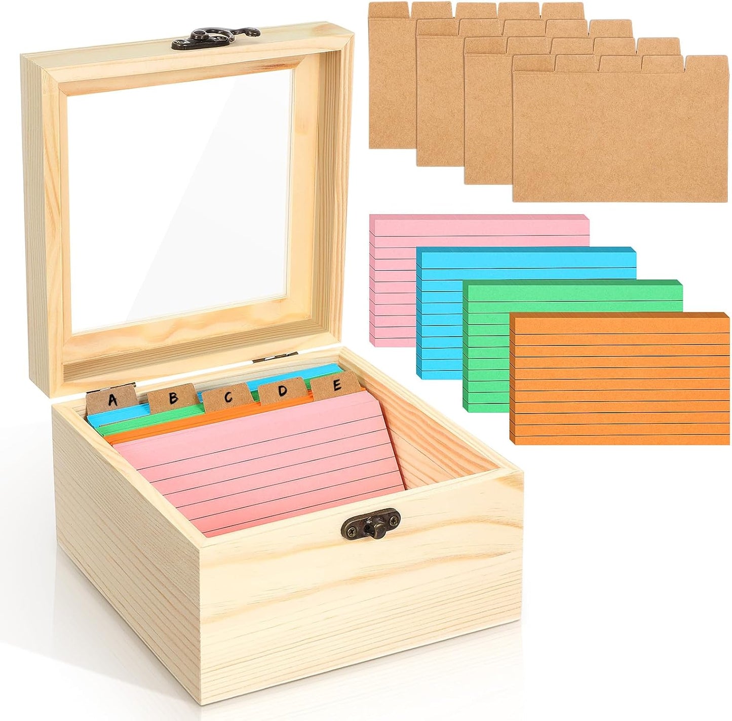 Kathfly 3 x 5 Inch Index Card Holder Set, 230 Pcs Heavy Note Index Cards Large Capacity Wooden Recipe Box Organizer Case with Dividers Flash Card Holder for Office, Home and School