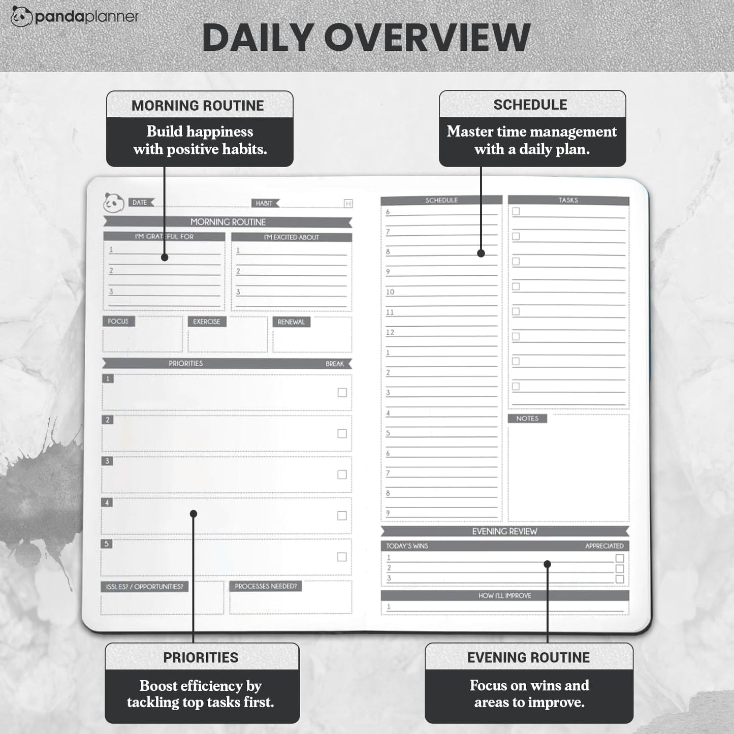 Panda Planner Undated Daily Planner - 90 Day Organization - Productivity For Entrepenuers - Set Goals - Bonus Weekly & Monthly Agenda - Grey - Hardcover