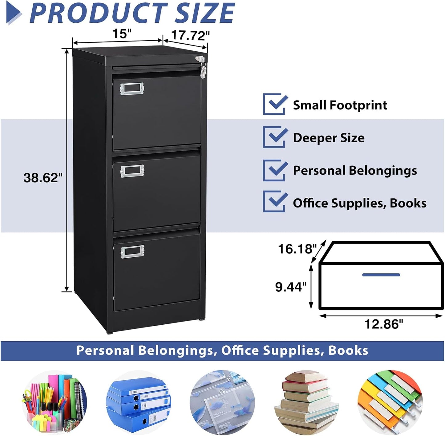 3-Drawer File Cabinet, Locking Metal Vertical File Storage for Home Office, Black, 15" W x 17.7" D x 38.6" H