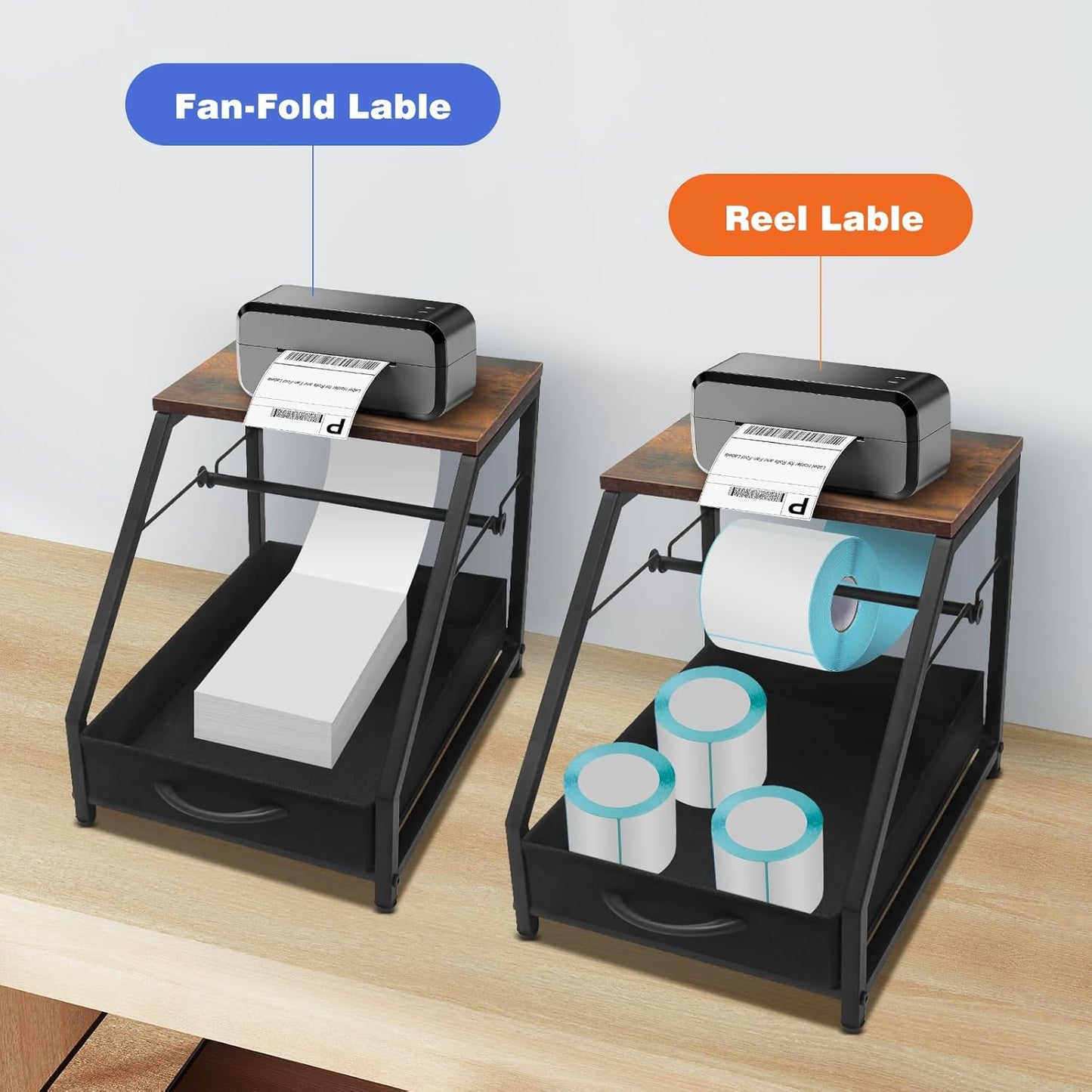 Thermal Printer Stand with Drawer, Desktop Label Holder for Rolls and Fan-Fold Labels, Organizer for 4x6 Shipping Label Printer - Home Office & Small Business Essentials
