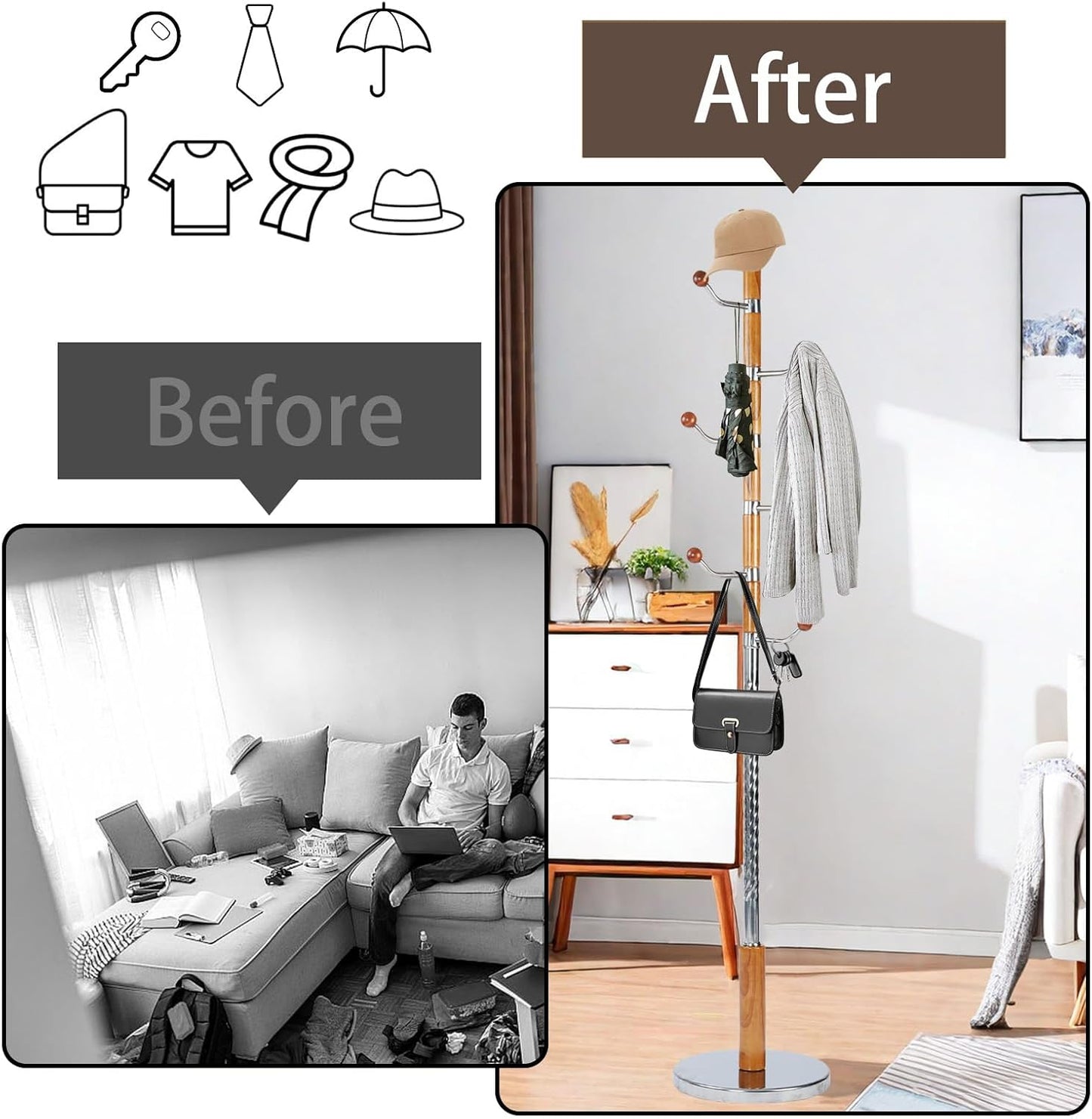 Coat Rack Freestanding, Metal Wooden Coat Tree with 6 Hooks, Heavy Duty Coat Hanger Stand with Resin and Stainless Steel Base, Free Standing Hall Tree for Scarf, Bag, Jacket (Metal)