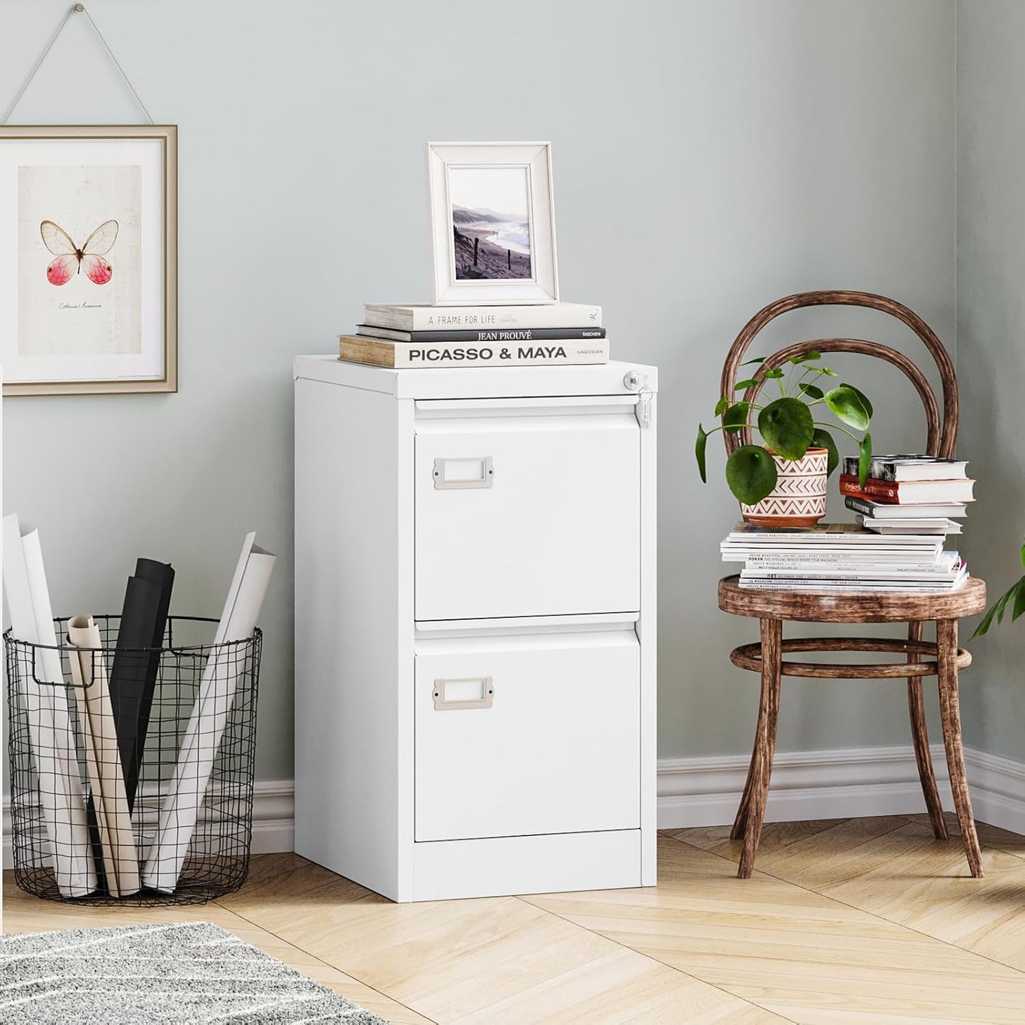 MIIIKO White 2 Drawer File Cabinet, Vertical Filing Cabinet with Lock, Home Office Storage Cabinet for Letter Legal A4 File Size